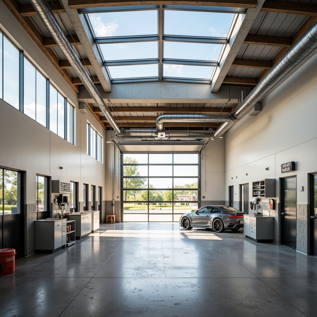 Prompt: Bright garage interior, ample natural light, skylights, clerestory windows, transparent roof panels, polished concrete floors, white walls, minimal obstructions, open ceiling, exposed ductwork, industrial-style lighting fixtures, metallic accents, sleek workstations, tool organizers, storage cabinets, epoxy-coated countertops, modern garage doors, translucent glass panels, warm afternoon sunlight, soft shadows, 1/1 composition, high contrast ratio.