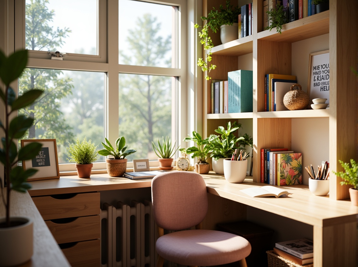 Prompt: Cozy study nook, warm wooden desk, comfortable cushioned chair, soft pastel colors, natural light pouring in, greenery plants, motivational quotes, colorful pens and pencils, organized bookshelves, inspirational artwork, personalized nameplate, ergonomic keyboard tray, adjustable desk lamp, calm ambiance, 1/1 composition, shallow depth of field, warm gentle lighting, realistic textures.