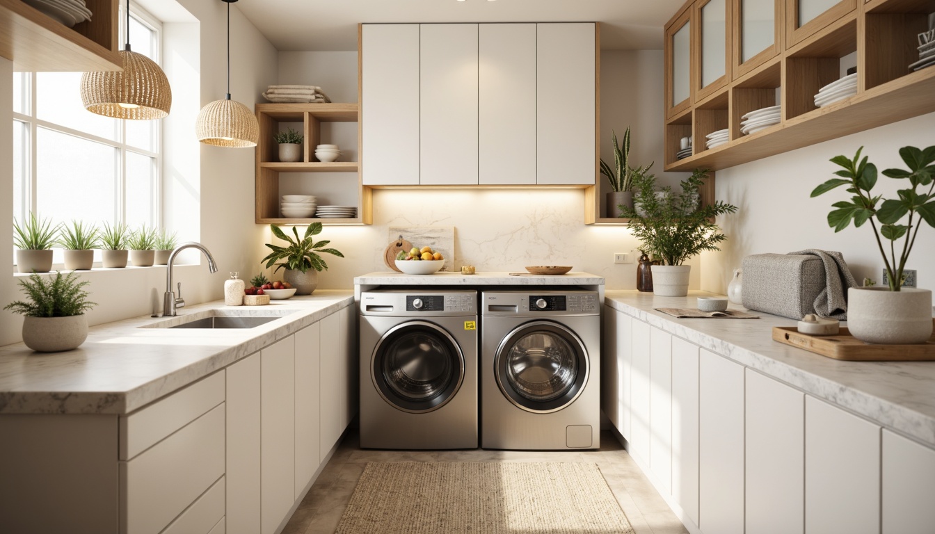 Prompt: Vibrant laundry room, soft pastel hues, calming whites, creamy beiges, warm wood tones, sleek metal appliances, modern minimalist decor, functional storage cabinets, natural stone countertops, glass tile backsplashes, ambient overhead lighting, task-oriented under-cabinet lighting, 3/4 composition, shallow depth of field, realistic textures, soft focus blur.