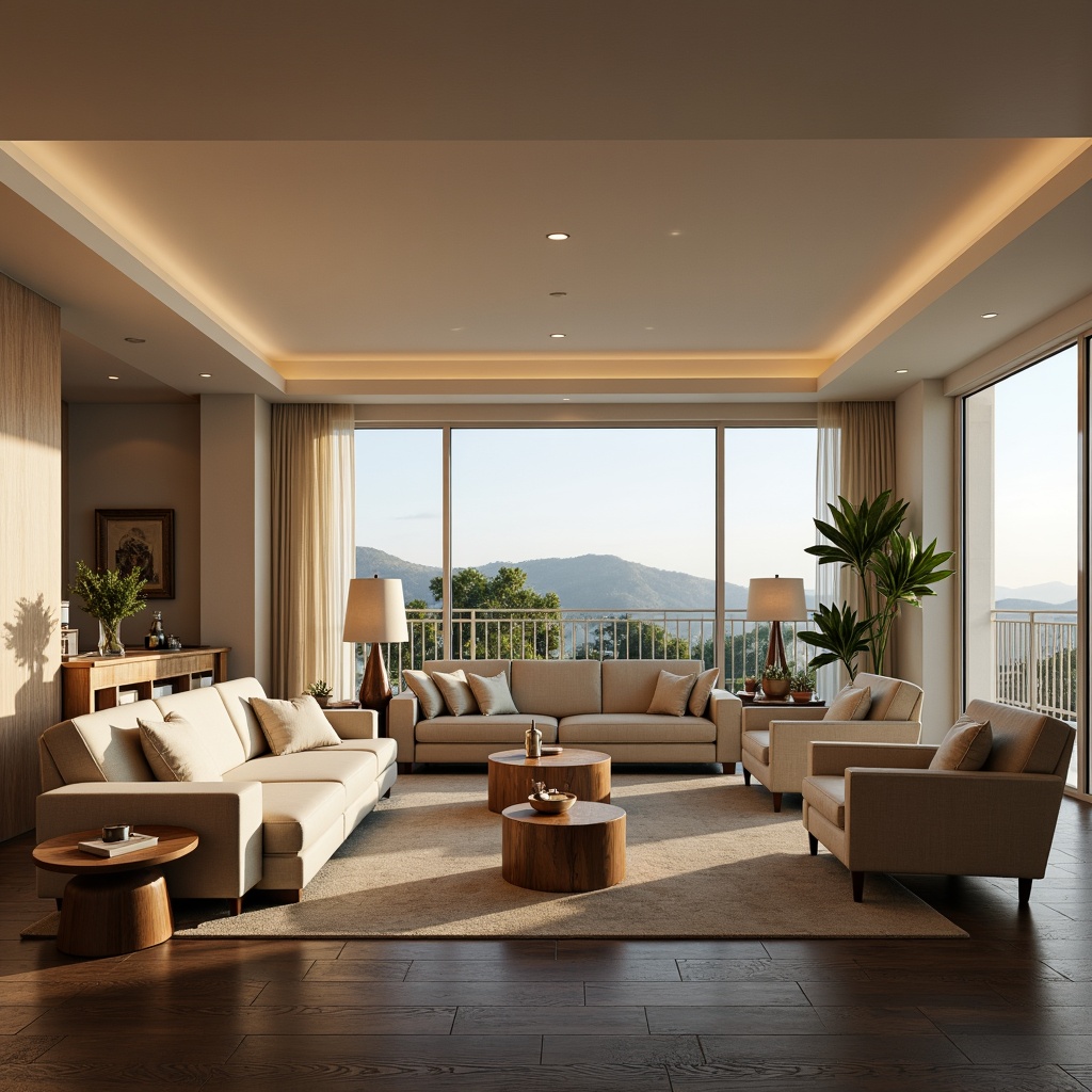 Prompt: Cozy living room, plush sofas, reclining armchairs, wooden coffee tables, soft cushions, warm lighting, floor lamps, modern minimalist decor, cream-colored walls, dark wood floors, large windows, natural daylight, panoramic view, comfortable seating arrangement, intimate conversation areas, clear sightlines, unobstructed views, 1/1 composition, realistic textures, ambient occlusion.