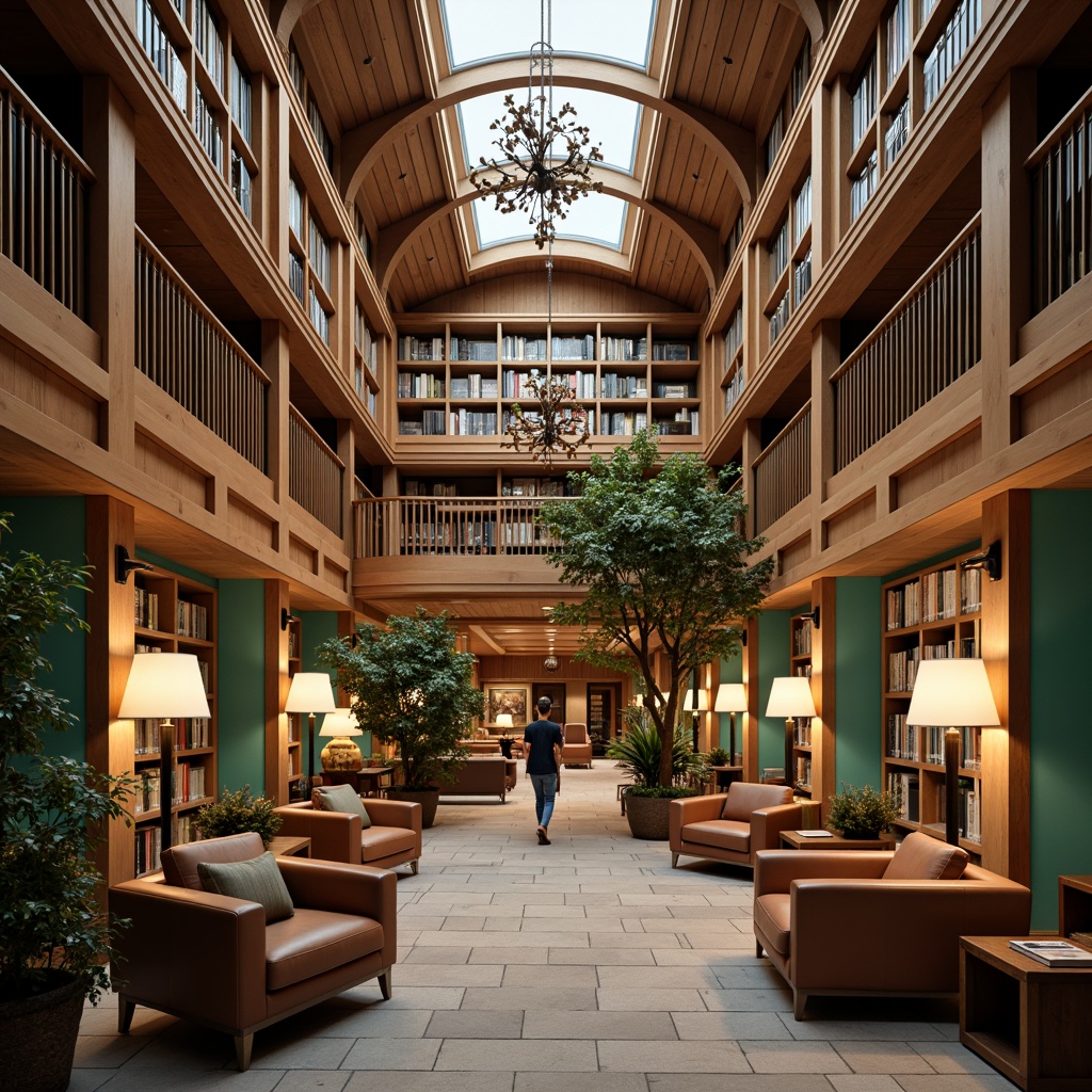 Prompt: Richly adorned library interior, warm wooden shelves, comfortable reading nooks, vibrant turquoise accents, soft cream-colored walls, cozy leather armchairs, elegant chandeliers, subtle bronze metallic details, natural stone flooring, tranquil atmosphere, soft diffused lighting, shallow depth of field, 1/1 composition, realistic textures, ambient occlusion.