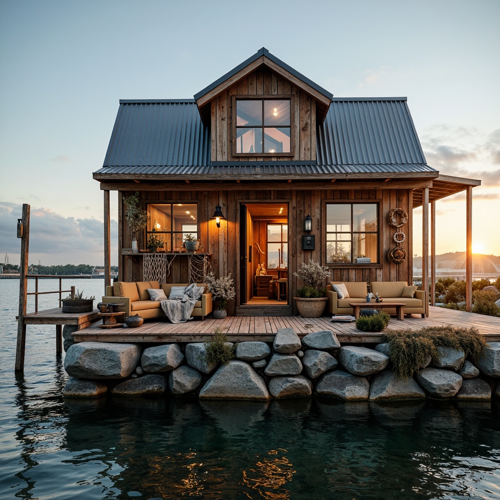 Prompt: Rustic boathouse, weathered wood exterior, natural stone foundation, corrugated metal roof, nautical-themed decorations, fishing nets, driftwood accents, ocean-inspired color palette, sea-salt air, misty morning light, warm golden sunbeams, shallow water reflections, sailboat silhouettes, beachy textures, worn wooden planks, rope details, lantern-style lighting, cozy interior spaces, plush furnishings, nautical instruments, vintage navigational tools.