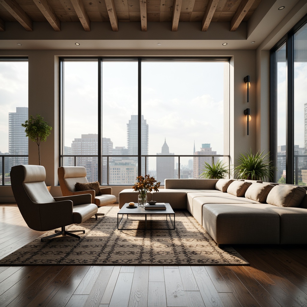 Prompt: Modern minimalist living room, sleek low-profile sofa, geometric-patterned rug, industrial-chic coffee table, metallic accent chair, floor-to-ceiling windows, natural light pouring in, urban cityscape views, neutral color palette, rich wood flooring, ambient warm lighting, shallow depth of field, 1/1 composition, realistic textures, subtle shadows.