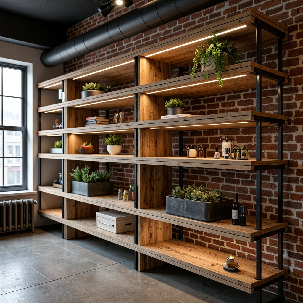 Prompt: Industrial-chic open shelving unit, reclaimed wood planks, metal brackets, exposed brick wall, urban loft atmosphere, functional storage spaces, stylish display areas, modern minimalist decor, warm LED lighting, shallow depth of field, 1/2 composition, realistic textures, ambient occlusion.