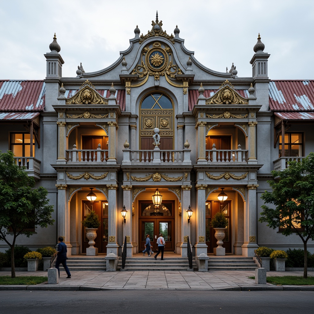 Prompt: Ornate palace, grandiose facade, intricate stone carvings, golden accents, lavish decorations, dramatic archways, ornamental fountains, majestic entrance gates, weathered corrugated metal roofs, distressed industrial textures, rustic patina, muted earthy tones, warm ambient lighting, cinematic camera angles, shallow depth of field, 2/3 composition, symmetrical framing, richly detailed renderings.