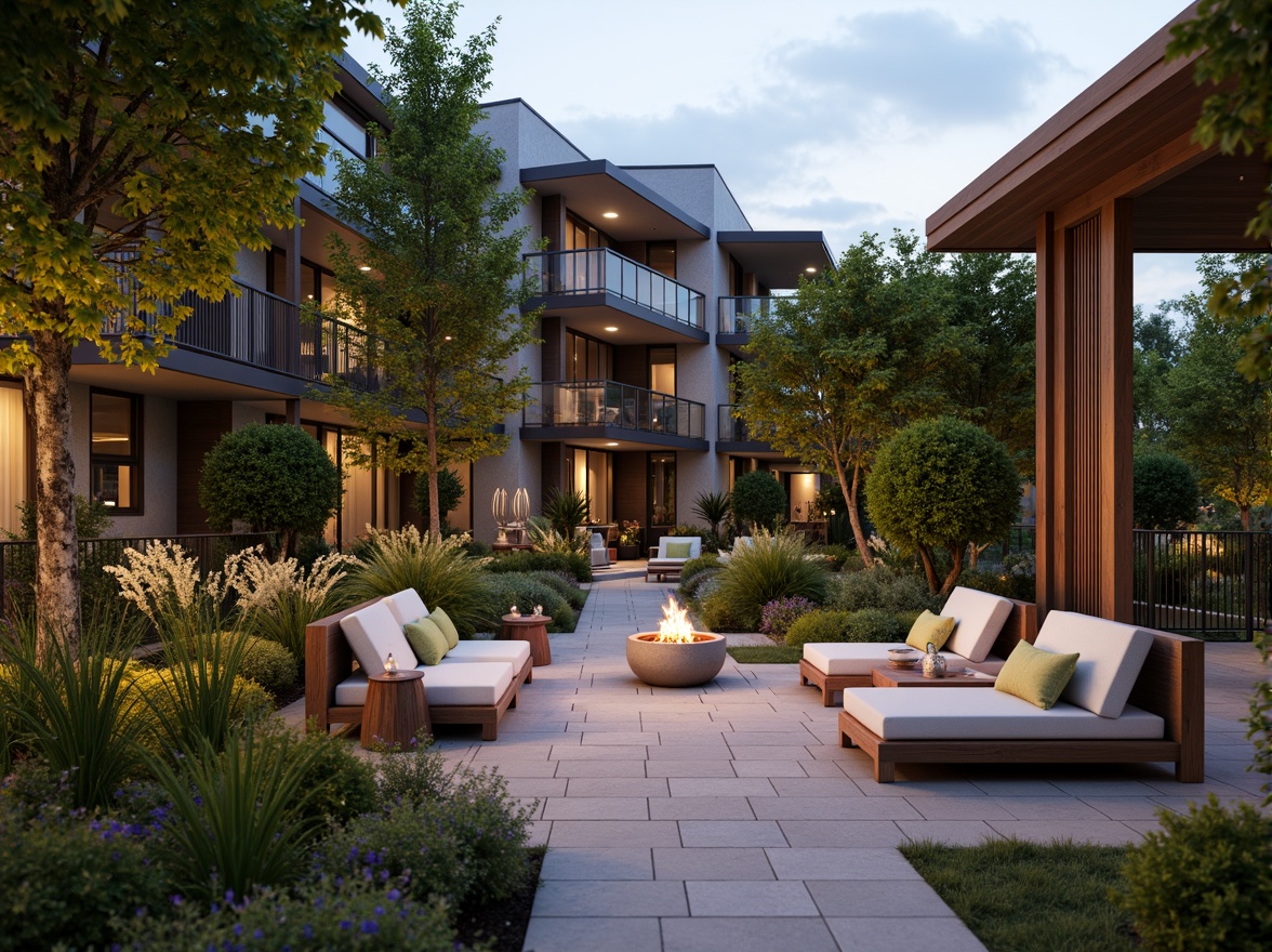 Prompt: Cozy patio furniture, lush greenery, vibrant flowers, natural stone flooring, wooden accents, warm string lighting, soft cushions, outdoor heaters, fire pit, seating areas, tranquil water features, modern sculptures, sleek metal railings, panoramic views, shallow depth of field, 3/4 composition, realistic textures, ambient occlusion.