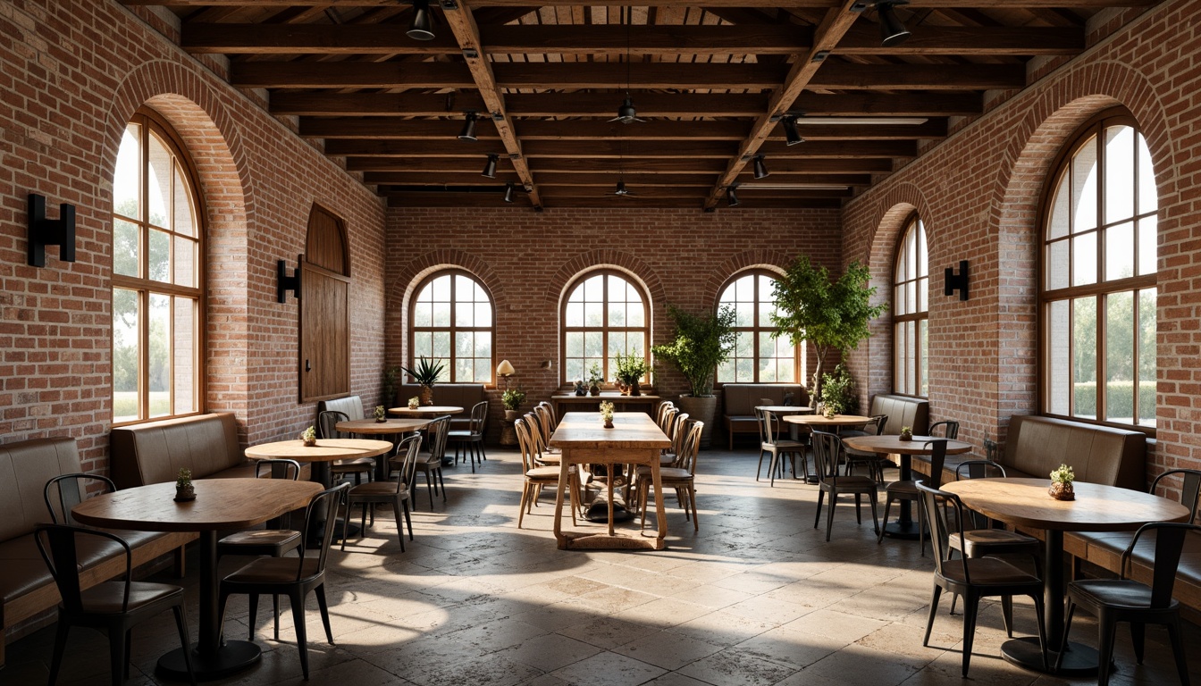 Prompt: Exposed brick walls, reclaimed wood beams, industrial metal fixtures, open floor plan layout, minimalist decor, natural stone flooring, rustic wooden tables, vintage metal chairs, monastery-inspired architecture, vaulted ceilings, arched windows, soft warm lighting, subtle color palette, 1/1 composition, atmospheric perspective, realistic textures, ambient occlusion.