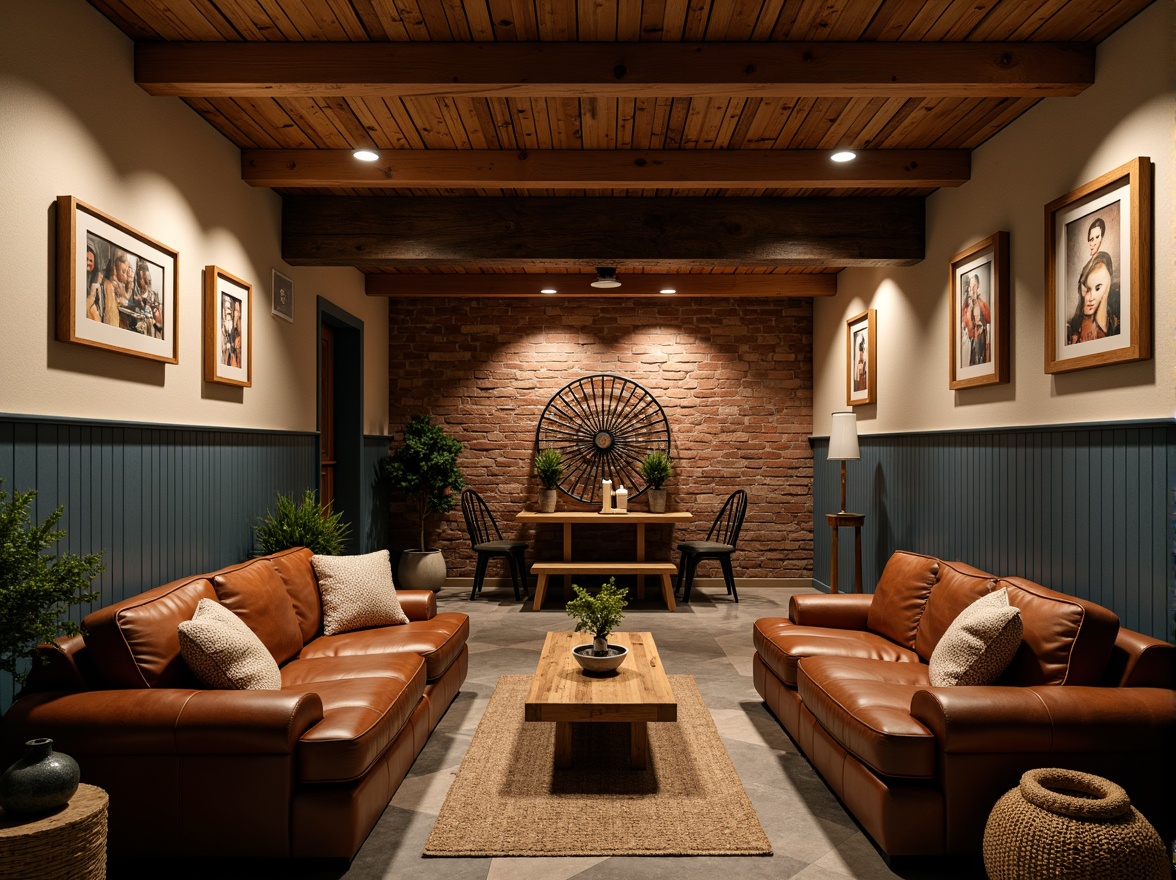 Prompt: Cozy basement, warm earthy tones, rich wood accents, soft creamy whites, deep blues, rustic brick walls, natural stone floors, comfortable leather sofas, vintage metal decorations, dimmable lighting, intimate atmosphere, relaxing ambiance, 1/1 composition, shallow depth of field, warm color temperature, realistic textures.