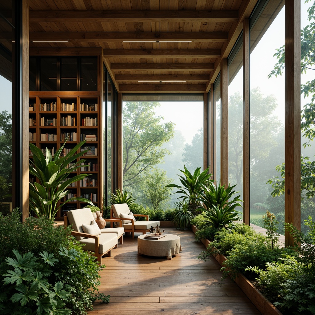 Prompt: Lush greenery, Nordic-inspired architecture, wooden beams, minimalist decor, abundant natural light, floor-to-ceiling glass windows, sliding glass doors, lush foliage, tropical plants, warm wooden accents, cozy reading nooks, soft diffused lighting, misty atmosphere, shallow depth of field, 1/1 composition, realistic textures, ambient occlusion, vibrant colorful blooms, delicate ferns, rustic wooden planters.