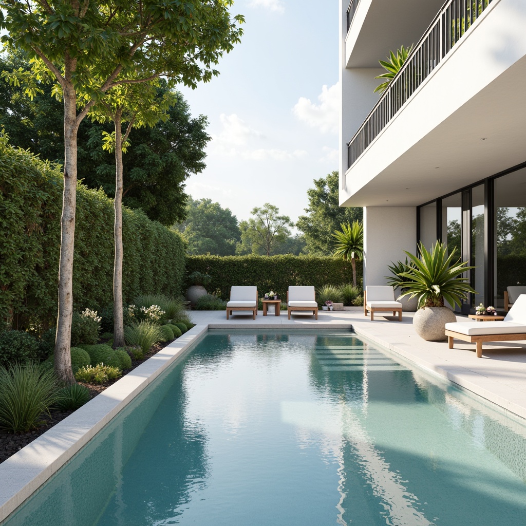 Prompt: Sleek swimming pool, minimalist design, rectangular shape, clean lines, pure white surfaces, subtle texture, calm atmosphere, natural light pouring in, floor-to-ceiling windows, sliding glass doors, lush greenery surroundings, tropical plants, warm sunny day, soft gentle shadows, shallow depth of field, 1/1 composition, realistic water simulation, ambient occlusion.