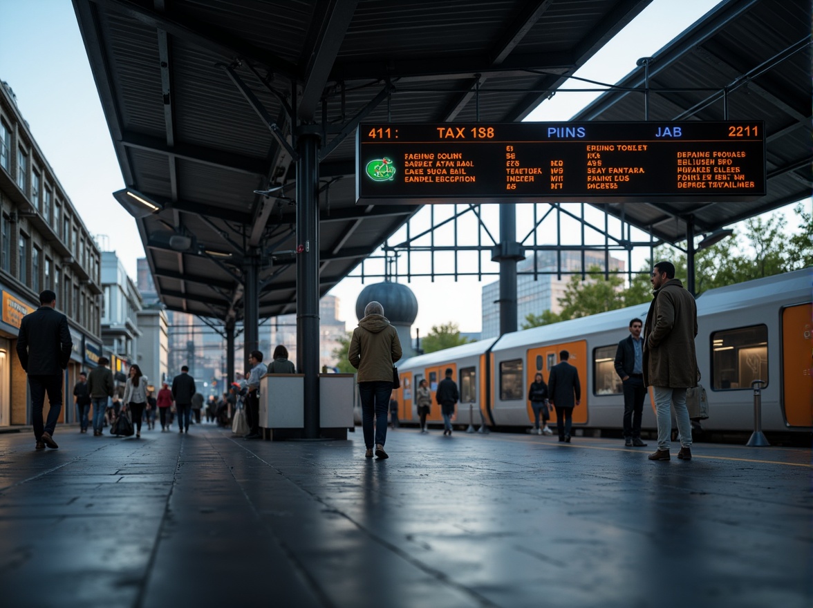 Prompt: Modern train station, sleek metal framework, minimalist signage, clean typography, bold font styles, wayfinding arrows, directional indicators, platform numbers, arrival/departure boards, real-time information displays, subtle color schemes, LED lighting, urban landscape, morning commute, rush hour atmosphere, shallow depth of field, 1/1 composition, realistic textures, ambient occlusion.