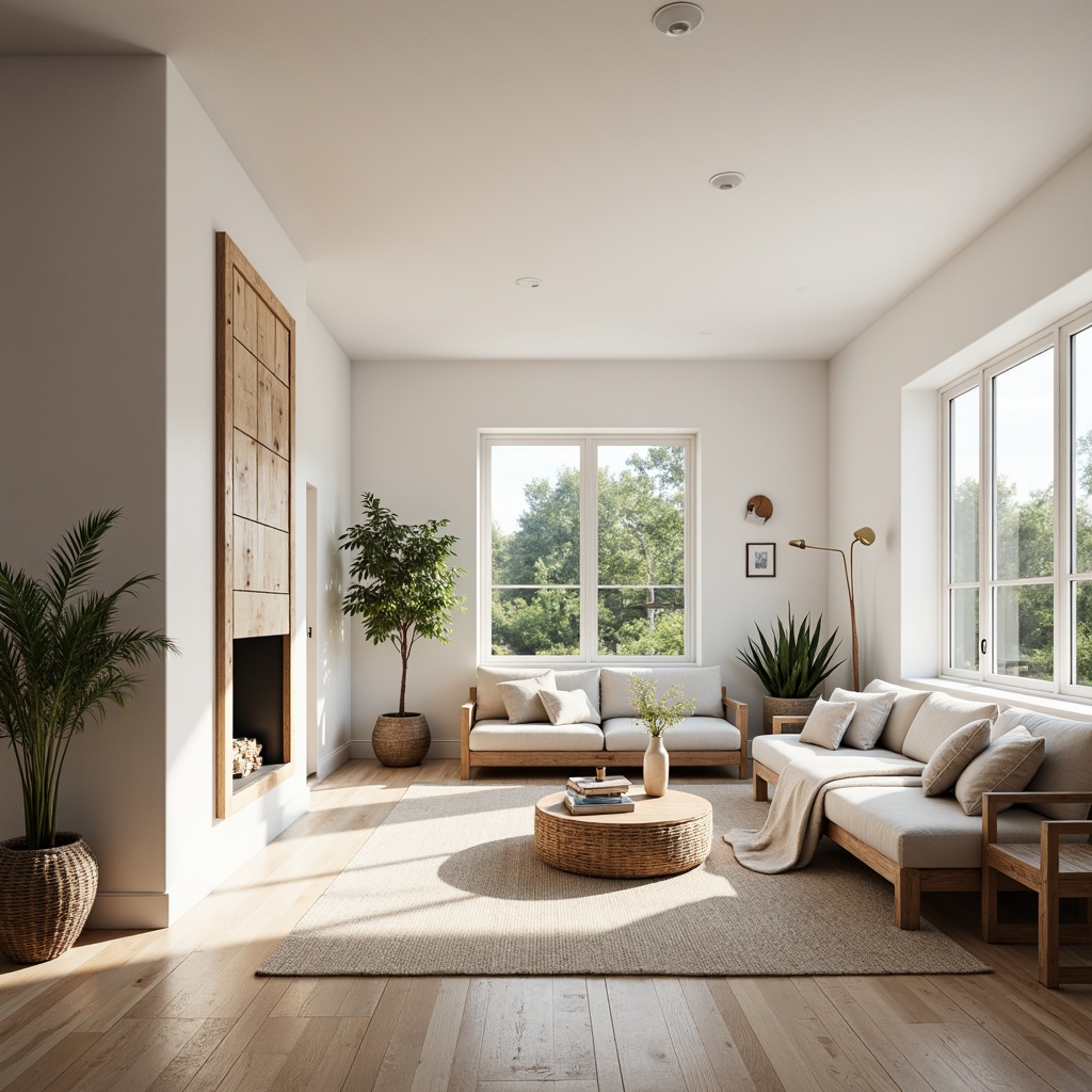 Prompt: Light-filled Scandinavian living room, minimalist decor, white walls, large windows, sliding glass doors, natural wood flooring, cozy reading nook, comfortable sofas, rustic wooden accents, woven textiles, nature-inspired color palette, soft warm lighting, shallow depth of field, 1/1 composition, panoramic view, realistic textures, ambient occlusion.