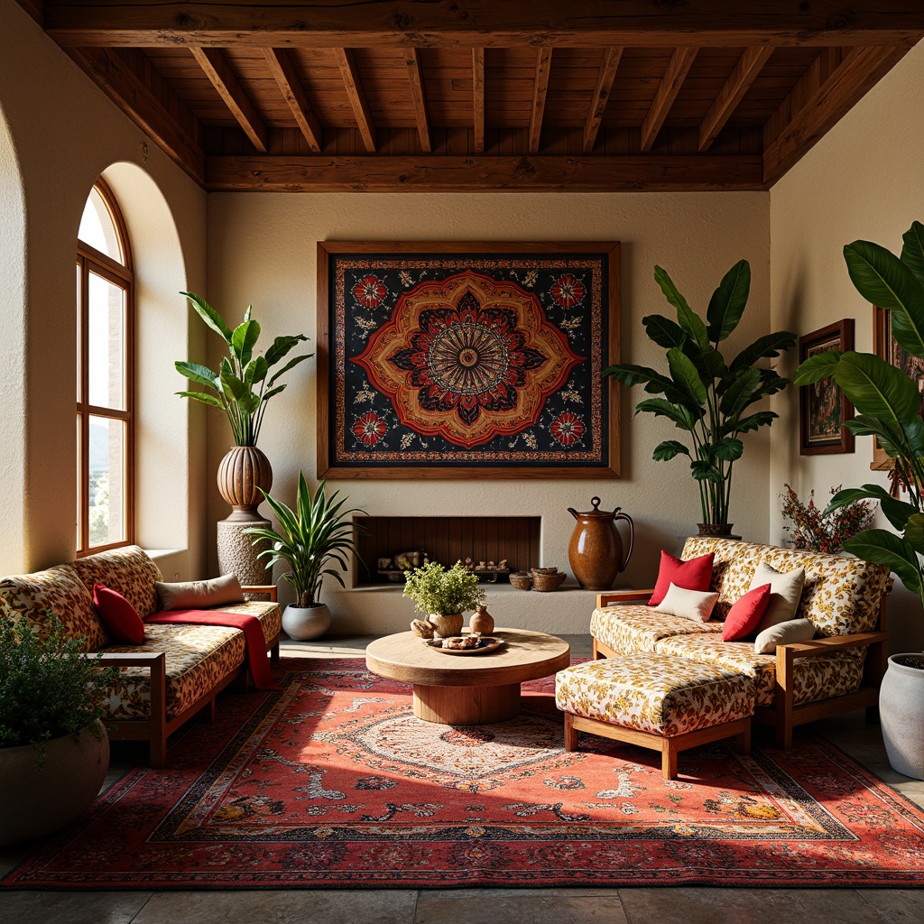 Prompt: Vibrant traditional textiles, intricate cultural patterns, ornate architectural details, rich wooden accents, warm earthy tones, eclectic global-inspired decor, lush greenery, natural stone walls, ethnic instrumental sounds, aromatic exotic spices, soft golden lighting, shallow depth of field, 3/4 composition, panoramic view, realistic textures, ambient occlusion.