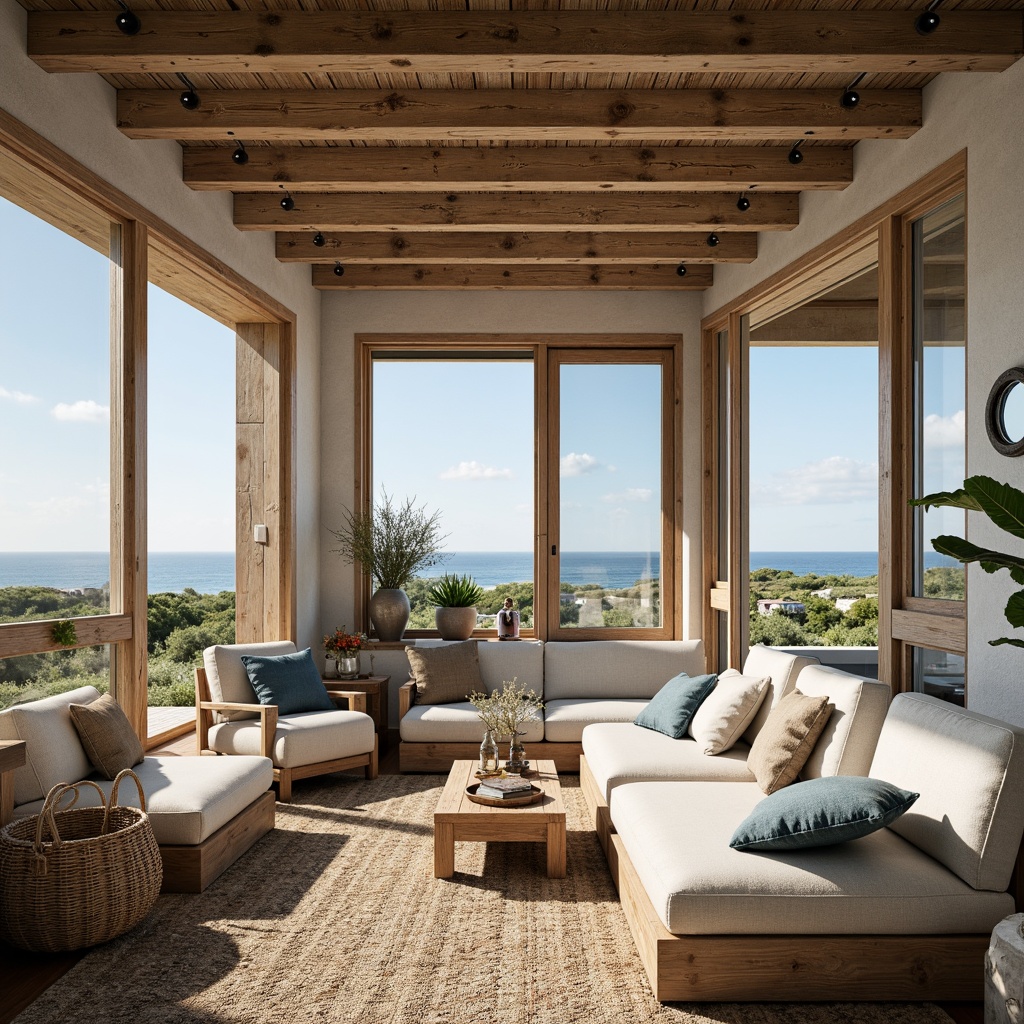 Prompt: Rustic farmhouse, weathered wooden beams, distressed finishes, natural textures, coastal color palette, soft blues, whites, sandy neutrals, vintage nautical decor, porthole windows, reclaimed wood accents, woven jute rugs, plush linen upholstery, driftwood-inspired furniture, sea salt air, ocean views, abundant natural light, warm golden lighting, shallow depth of field, 1/1 composition, rustic country charm, cozy atmosphere, serene ambiance.