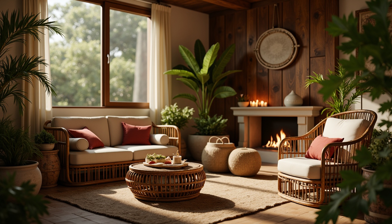 Prompt: Earthy olive tones, muted sage greens, warm terracotta reds, soft sandy beiges, creamy whites, rich wood accents, natural linen textures, woven rattan furniture, organic botanical patterns, vintage distressed finishes, cozy candlelit ambiance, warm golden lighting, shallow depth of field, 1/1 composition, intimate atmosphere, rustic elegance.