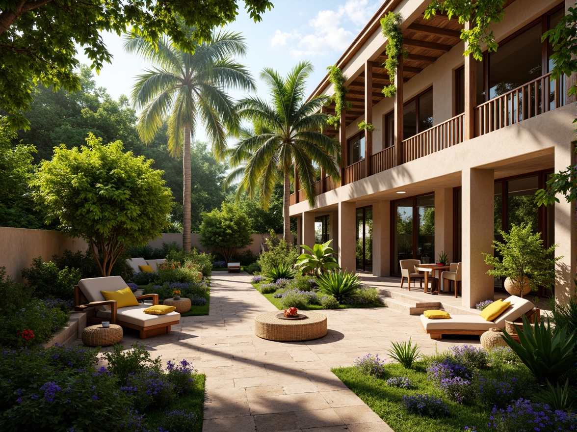 Prompt: Vibrant tropical garden, lush greenery, exotic plants, natural stone pathways, wooden accents, rattan furniture, colorful textiles, woven baskets, earthy tones, warm beige walls, large windows, sliding glass doors, clerestory windows, skylights, soft diffused lighting, warm sunny day, shallow depth of field, 1/1 composition, panoramic view, realistic textures, ambient occlusion.