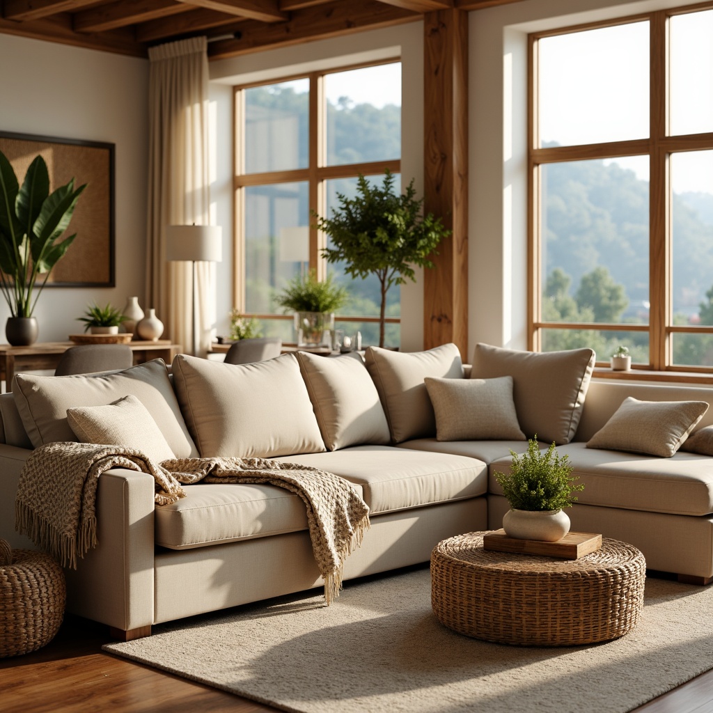 Prompt: Cozy living room, plush velvet sofa, soft cushions, warm beige tones, textured throw blankets, woven basket coffee table, natural wood accents, floor-to-ceiling windows, bright sunny day, gentle warm lighting, 1/1 composition, shallow depth of field, realistic fabric textures, ambient occlusion.