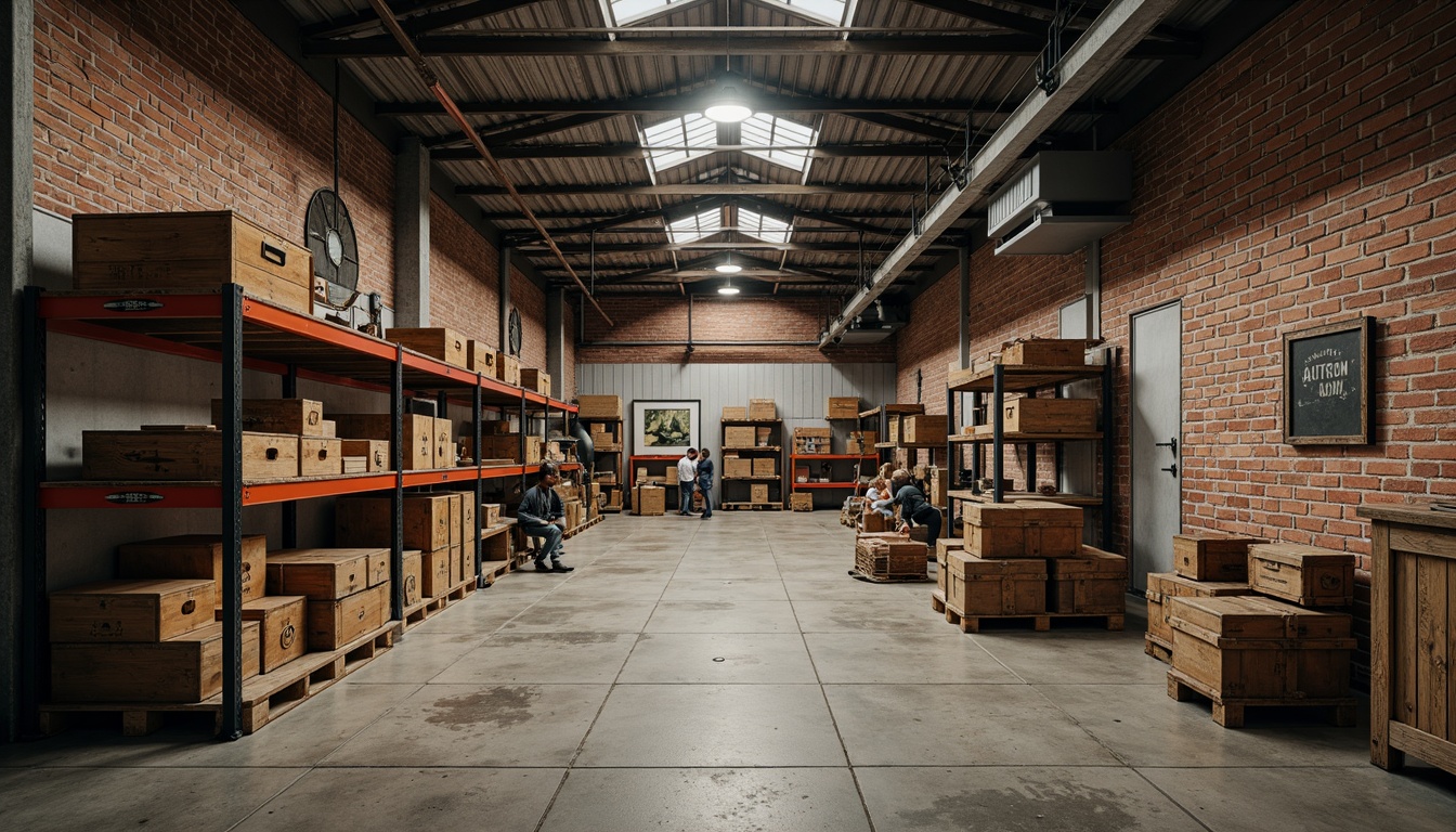 Prompt: Industrial storage room, metal shelving units, wooden crates, concrete floors, exposed brick walls, corrugated metal ceilings, functional lighting, steel beams, rustic wood accents, distressed finishes, worn metal textures, vintage industrial decor, earthy color palette, warm softbox lighting, shallow depth of field, 1/2 composition, realistic reflections, ambient occlusion.