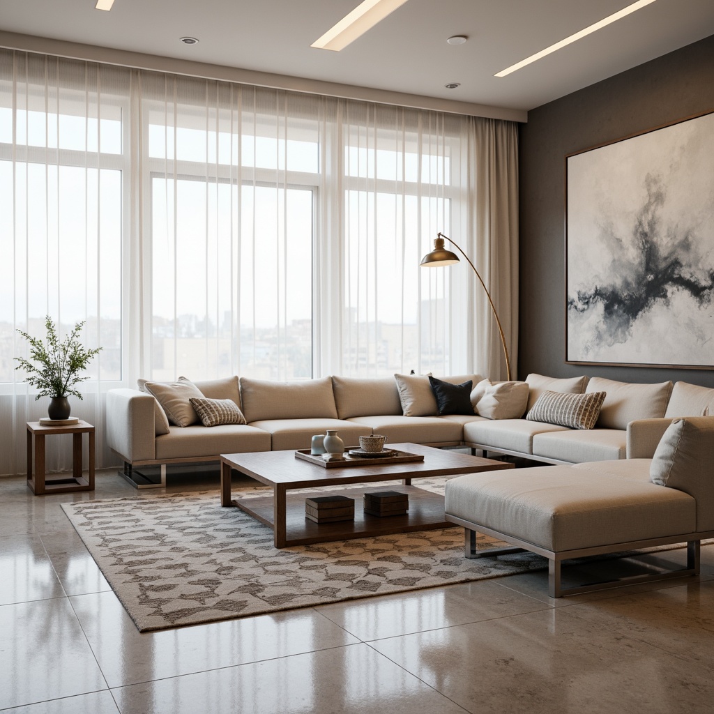 Prompt: Minimalist coffee tables, low-profile sofas, sleek chrome legs, rounded edges, polished marble floors, geometric patterned rugs, industrial-chic lighting fixtures, minimalist wall art, floor-to-ceiling windows, sheer white curtains, warm ambient lighting, 1/1 composition, soft focus blur, realistic reflections, subtle gradient maps.