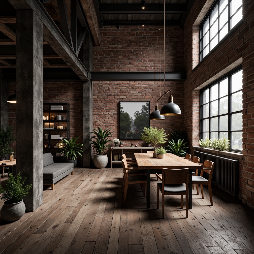 Prompt: Exposed brick walls, metal beams, reclaimed wood floors, industrial-style lighting fixtures, distressed finishes, urban loft atmosphere, open-plan living space, functional decor, mechanical elements, utilitarian aesthetic, concrete textures, metallic accents, warehouse-inspired architecture, converted factory setting, moody color palette, dramatic shadows, low-key lighting, cinematic composition, atmospheric depth of field.