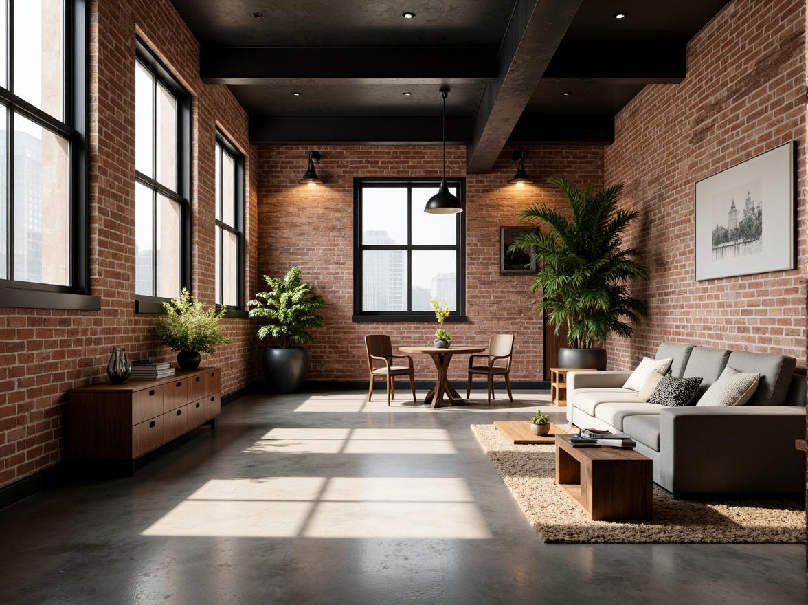 Prompt: Exposed brick walls, metal beams, polished concrete floors, reclaimed wood accents, industrial chic lighting, minimalist furniture, monochromatic color scheme, sparse greenery, natural textiles, urban loft atmosphere, soft warm glow, shallow depth of field, 1/1 composition, realistic textures, ambient occlusion.