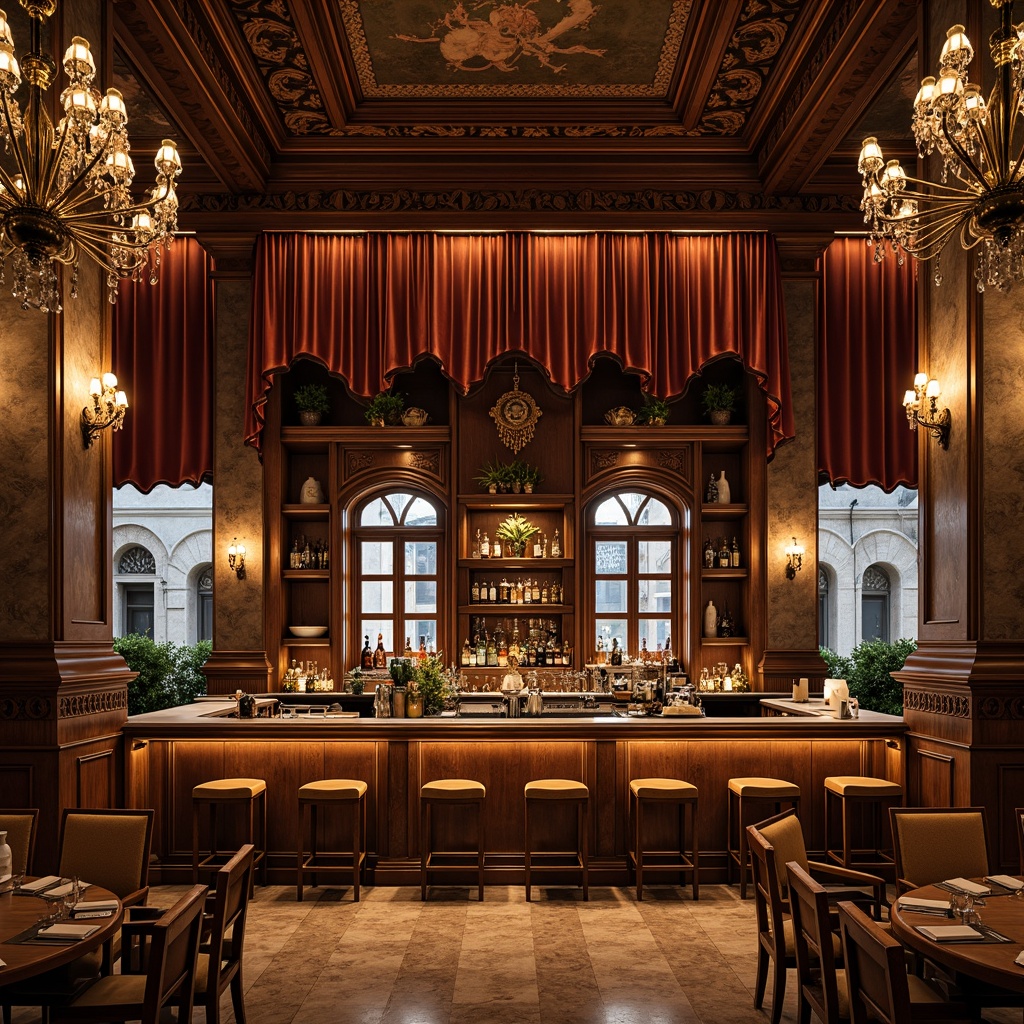 Prompt: Luxurious bar counter, ornate carvings, rich wood tones, gold leaf accents, velvet drapes, crystal chandeliers, marble countertops, intricate moldings, classical archways, grandiose columns, rustic stone walls, warm candlelight, dramatic spotlights, 1/2 composition, shallow depth of field, soft focus, warm color palette, Renaissance-inspired patterns, elegant furnishings.