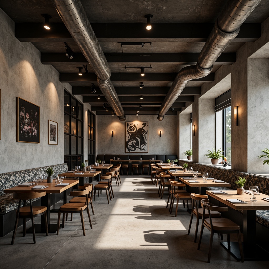 Prompt: Rugged brutalist dining room, raw concrete walls, exposed ductwork, industrial-style lighting fixtures, reclaimed wood furniture, chunky metal legs, minimalist decor, monochromatic color scheme, bold geometric patterns, textured upholstery, statement art pieces, dramatic ceiling heights, cold atmospheric ambiance, high-contrast shadows, 1/1 composition, moody warm lighting, cinematic mood.