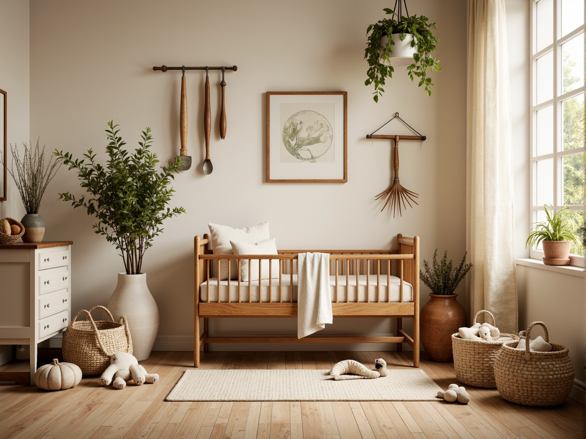 Prompt: Rustic wooden cradle, soft cream walls, warm beige flooring, vintage farm tools, distressed wood accents, natural linen curtains, plush toys, woven baskets, earthy terracotta pots, fresh greenery, creamy whites, warm golden lighting, shallow depth of field, 1/1 composition, intimate atmosphere, realistic textures, subtle ambient occlusion.