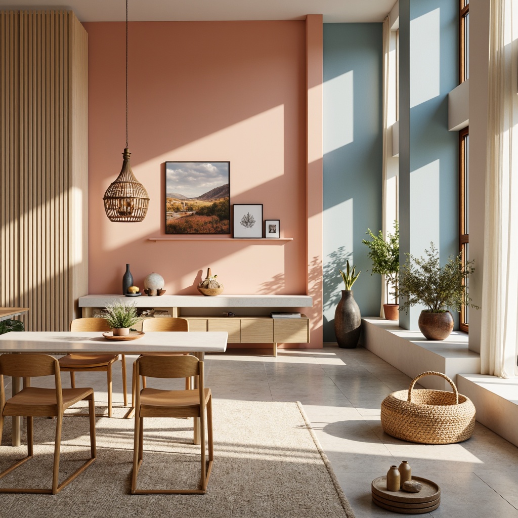 Prompt: Vibrant modern interior, pastel hues, soft peach tones, calming blue shades, creamy whites, rich wood accents, metallic gold details, natural textiles, woven fibers, earthy ceramics, ambient warm lighting, shallow depth of field, 1/1 composition, realistic materials, subtle reflections.