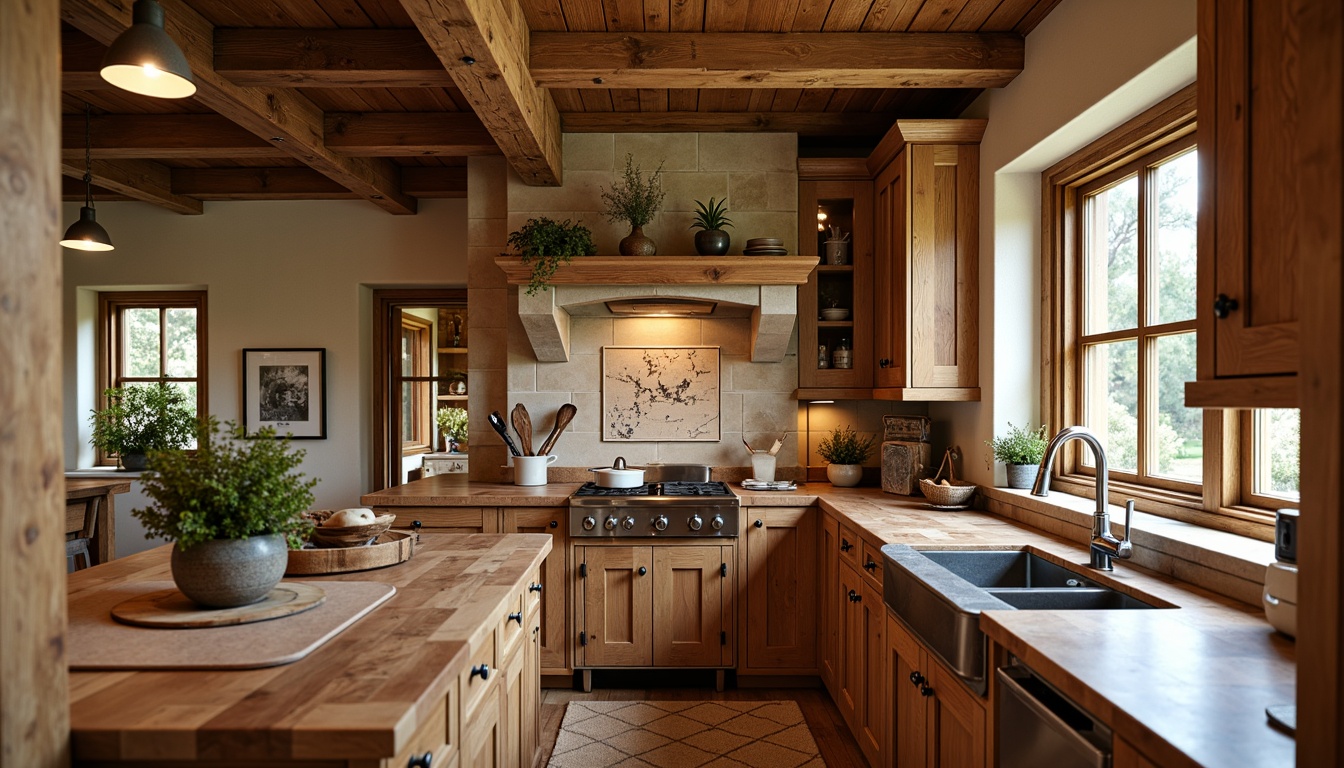 Prompt: Rustic kitchen, wooden cabinetry, earthy tones, butcher block countertops, warm beige granite, rich brown marble, honed slate surfaces, distressed wood accents, vintage metal hardware, apron-front sink, farmhouse faucet, natural stone backsplash, warm pendant lighting, cozy breakfast nook, traditional craftsmanship, organic textures, soft focus, 1/2 composition, warm color palette.