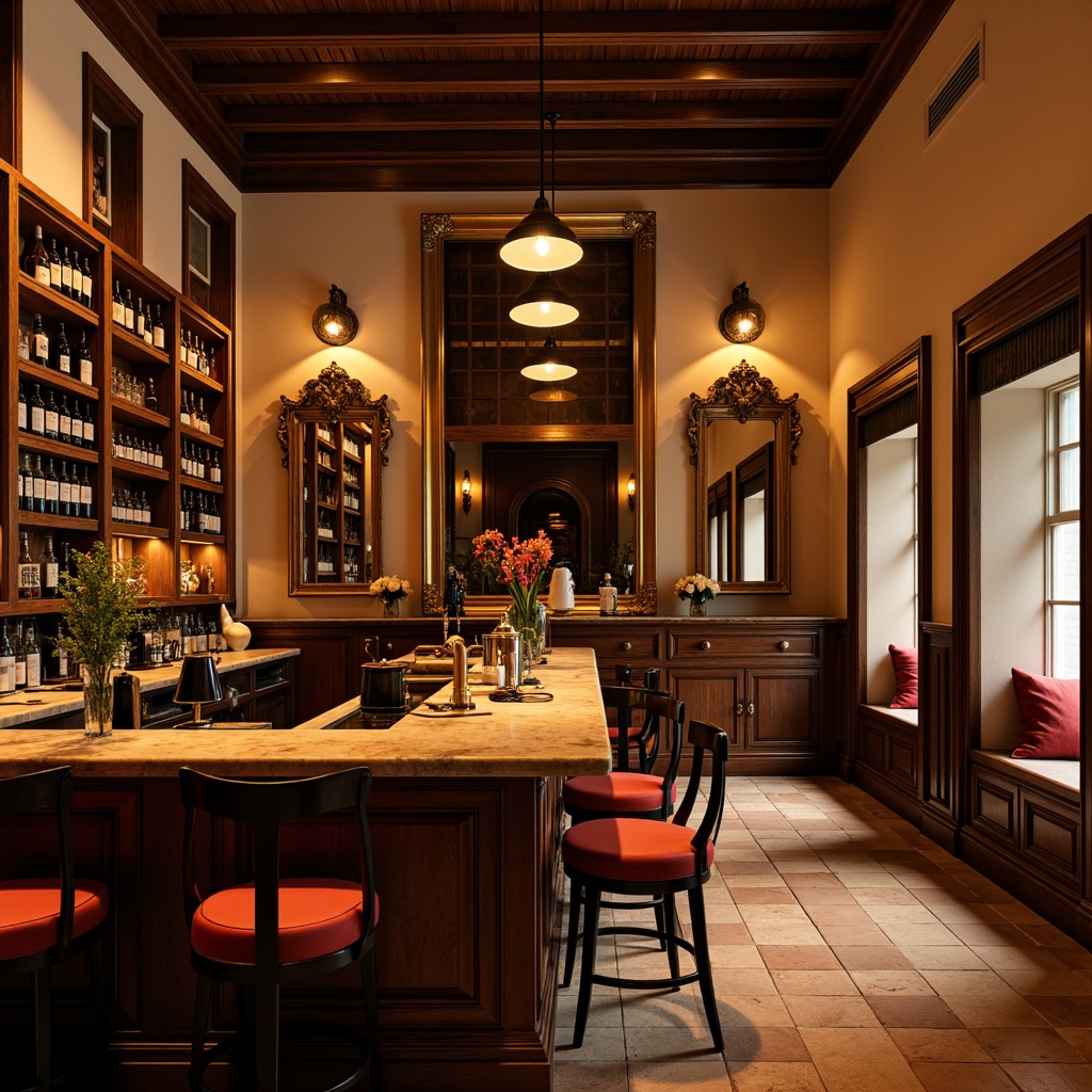 Prompt: Warm Renaissance home bar, rich wood tones, dark walnut cabinetry, golden brass fixtures, soft cream-colored walls, velvety red accent pillows, ornate mirrors, classic crown molding, dimmable pendant lighting, warm beige stone countertops, rustic wooden shelves, earthy terracotta flooring, cozy intimate atmosphere, warm golden hour lighting, shallow depth of field, 1/2 composition, realistic textures, ambient occlusion.