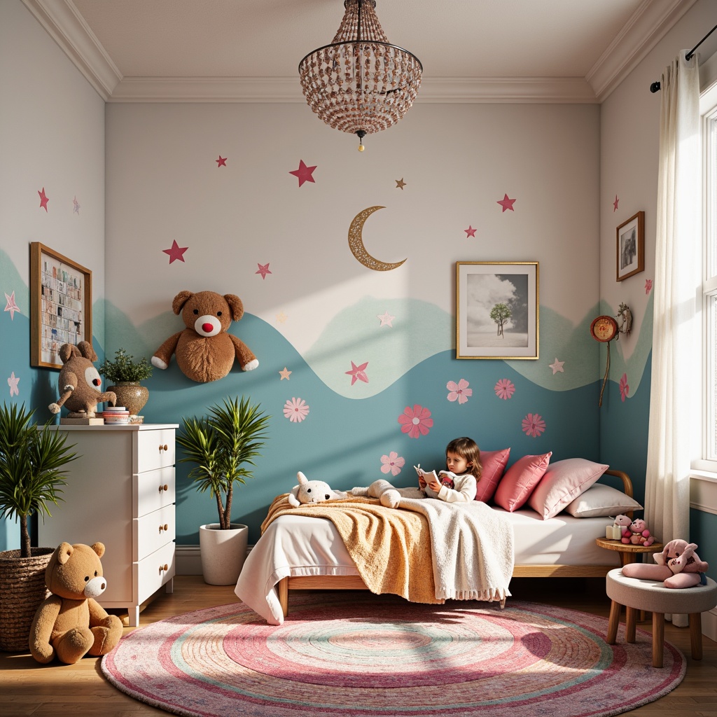 Prompt: Whimsical kids' bedroom, vibrant colors, playful furniture, stuffed animals, fairy lights, colorful rugs, soft pastel hues, gentle textures, cozy reading nook, plush toys, decorative wall art, fantasy creatures, sparkly chandeliers, kid-friendly decor, imaginative themes, adventurous accents, lively patterns, fun textiles, youthful energy, shallow depth of field, 1/1 composition, warm soft lighting, inviting atmosphere.