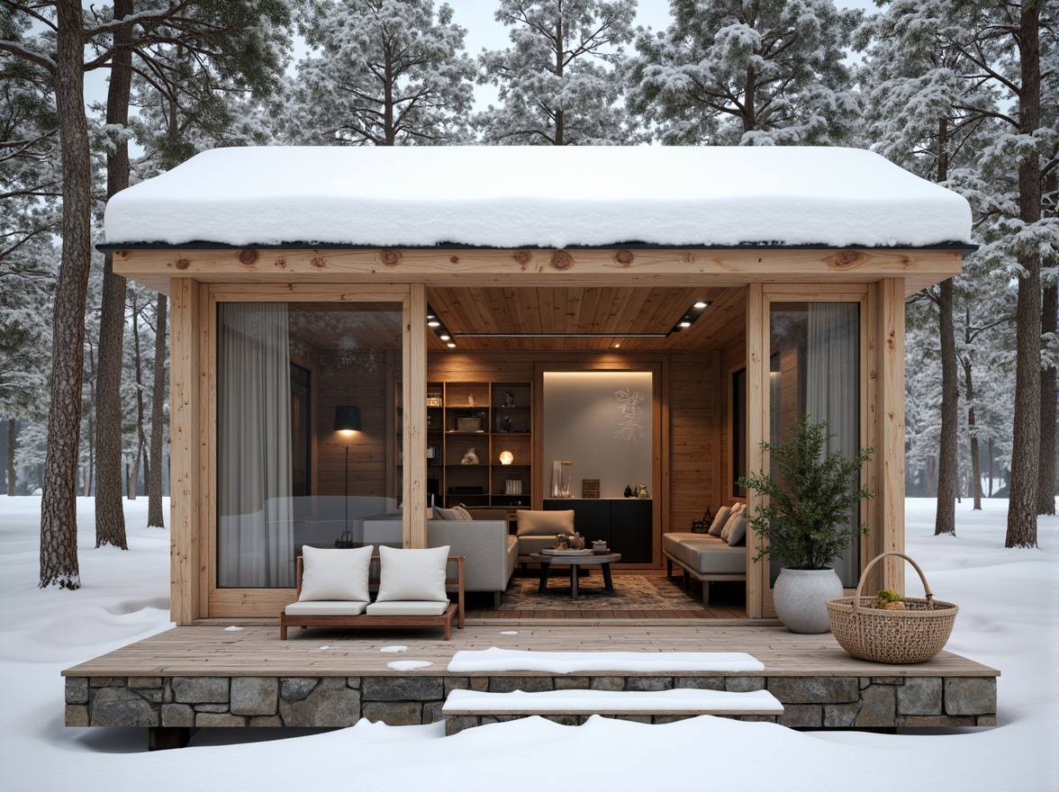 Prompt: Simple Nordic cabin, snow-covered roof, wooden exterior, natural stone walls, minimal ornamentation, clean lines, monochromatic color scheme, cozy interior, warm lighting, soft textiles, woven baskets, functional furniture, industrial accents, reclaimed wood, earthy tones, frosted glass windows, subtle patterns, neutral backgrounds, shallow depth of field, 1/1 composition, intimate atmosphere, soft focus.