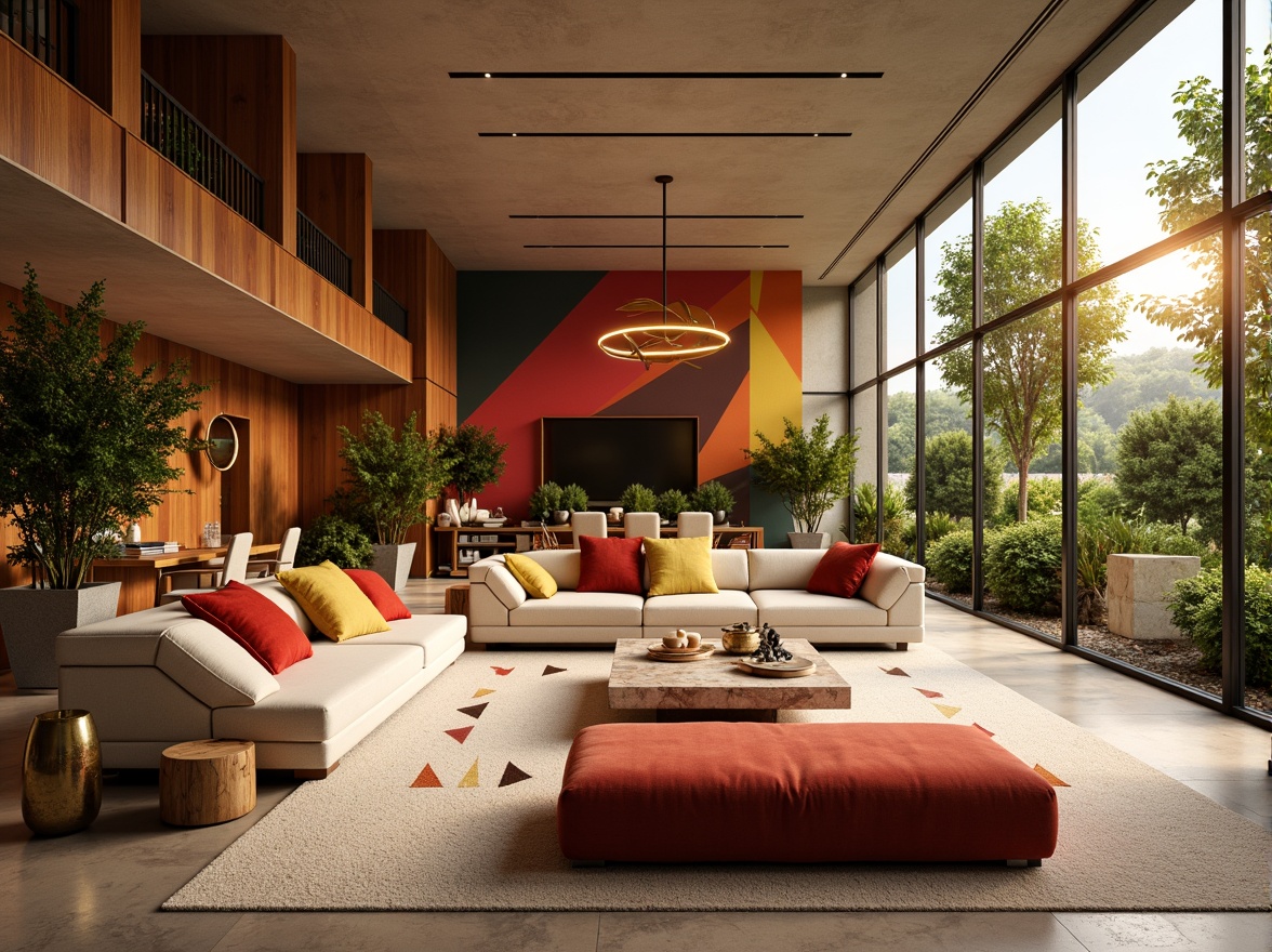 Prompt: Vibrant living room, bold accent walls, rich wood tones, plush velvet sofas, metallic gold lighting fixtures, soft cream-colored carpets, natural stone coffee tables, geometric patterned rugs, floor-to-ceiling windows, abundant greenery, warm golden lighting, shallow depth of field, 1/1 composition, panoramic view, realistic textures, ambient occlusion.