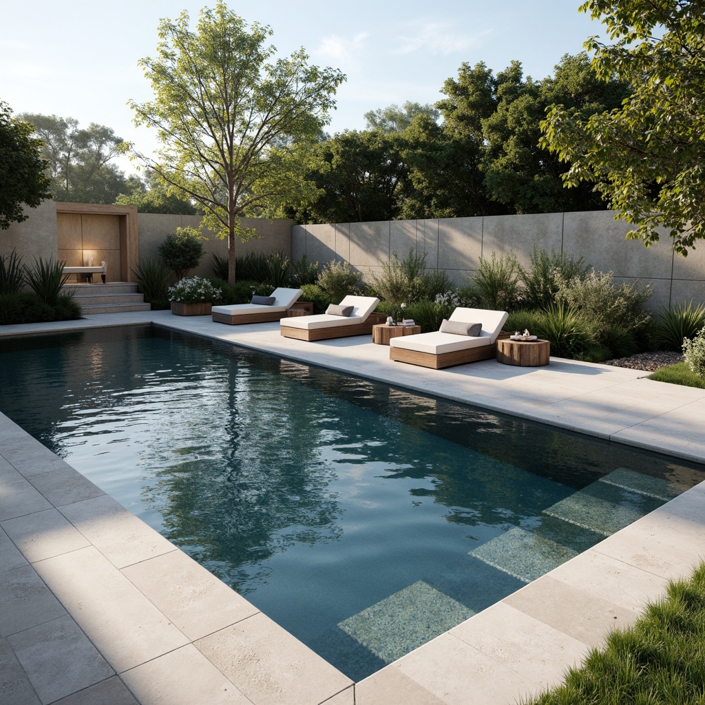 Prompt: Simple rectangular pool, calm water surface, subtle ripples, minimalist coping stones, sleek concrete decking, sparse greenery, natural stone accents, modern outdoor furniture, low-profile water features, gentle flowing water, soft misting effects, shallow depth of field, 1/1 composition, clean lines, minimal ornamentation, monochromatic color scheme, serene ambiance, warm sunlight, early morning atmosphere.