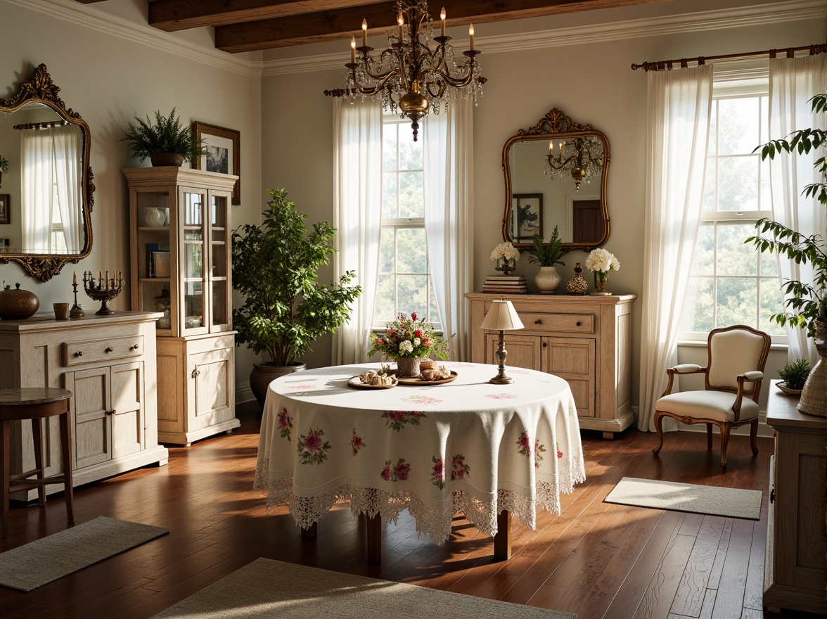 Prompt: Distressed wooden furniture, soft pastel colors, floral patterns, lace tablecloths, ornate mirrors, vintage candelabras, white linen drapes, rustic wood flooring, natural stone walls, warm candlelight, delicate china cabinets, antique silverware, fresh flower arrangements, greenery garlands, elegant chandelier, plush area rugs, creamy wall paint, feminine accents, classic literature books, old family photographs, afternoon sunbeams, shallow depth of field, 1/1 composition, soft focus effect.