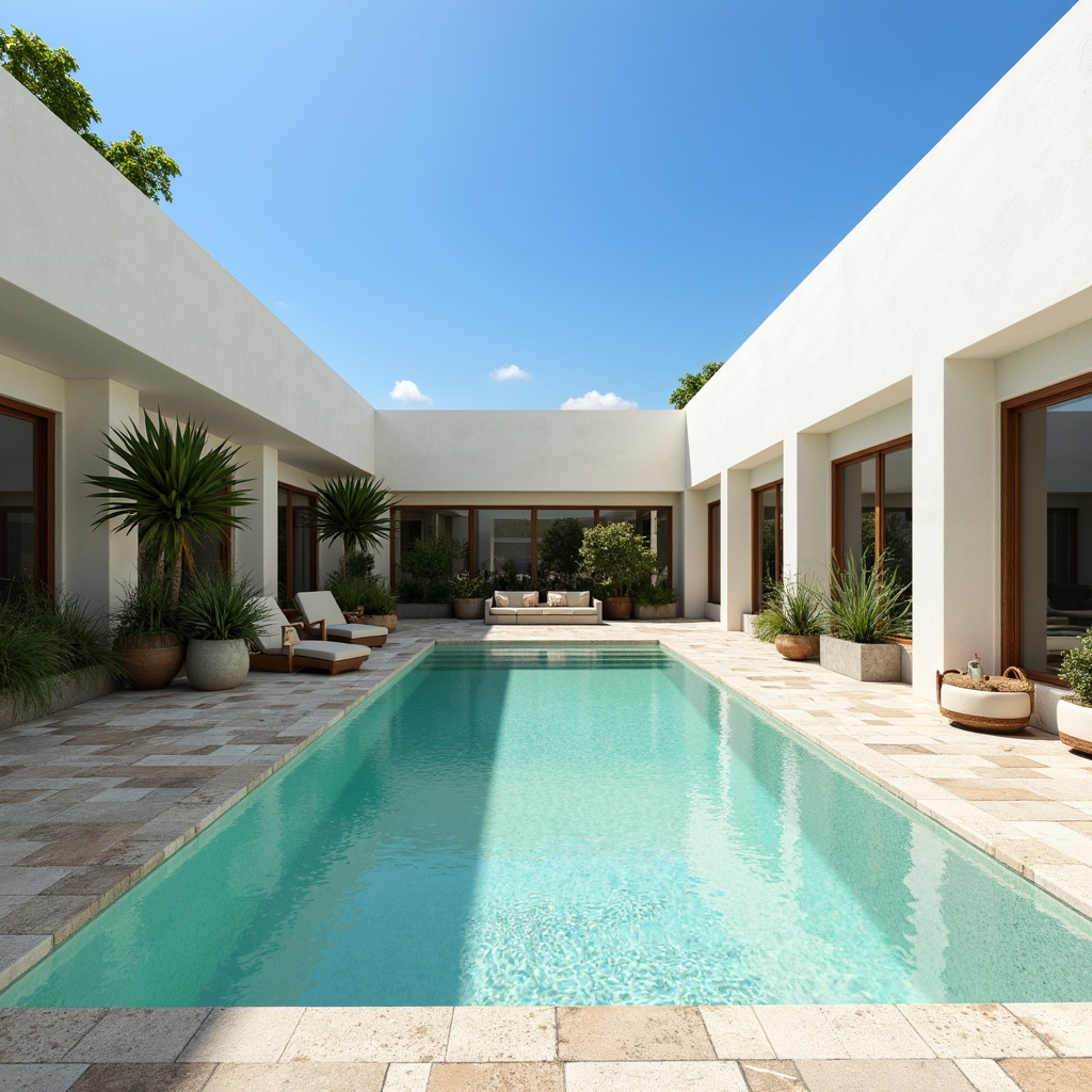 Prompt: Simple rectangular pool, calm turquoise water, natural stone decking, minimalist architecture, sleek lines, open spaces, abundant natural light, soft shadows, subtle reflections, gentle ripples, serene ambiance, warm sunny day, cloudless blue sky, 1/1 composition, shallow depth of field, realistic textures, ambient occlusion.