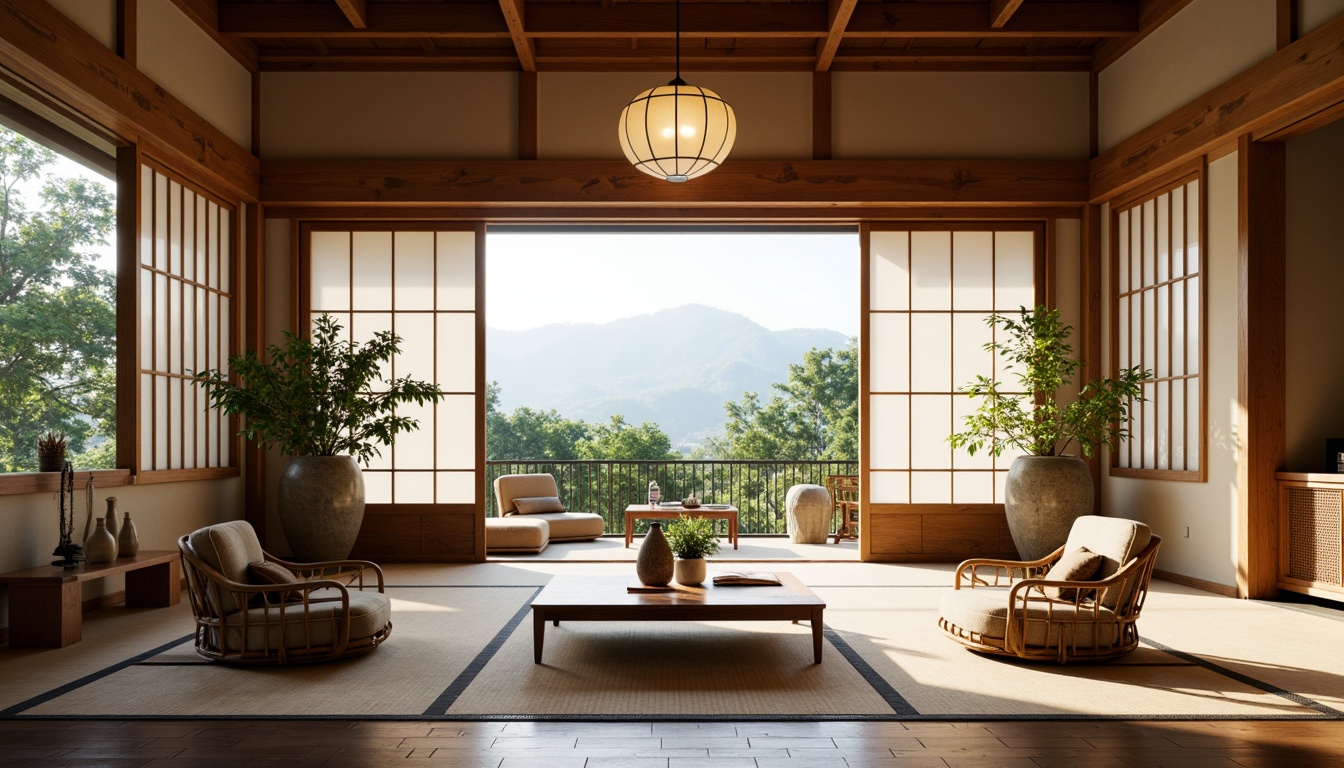 Prompt: Traditional Japanese shoji screens, sliding doors, rice paper walls, low-seating floor cushions, tatami mats, minimalist coffee tables, intricately carved wooden cabinets, woven bamboo chairs, lush green potted plants, soft warm lighting, shallow depth of field, 3/4 composition, panoramic view, realistic textures, ambient occlusion, cozy reading nooks, natural wood accents, subtle paper lanterns, serene atmosphere, calming color palette.