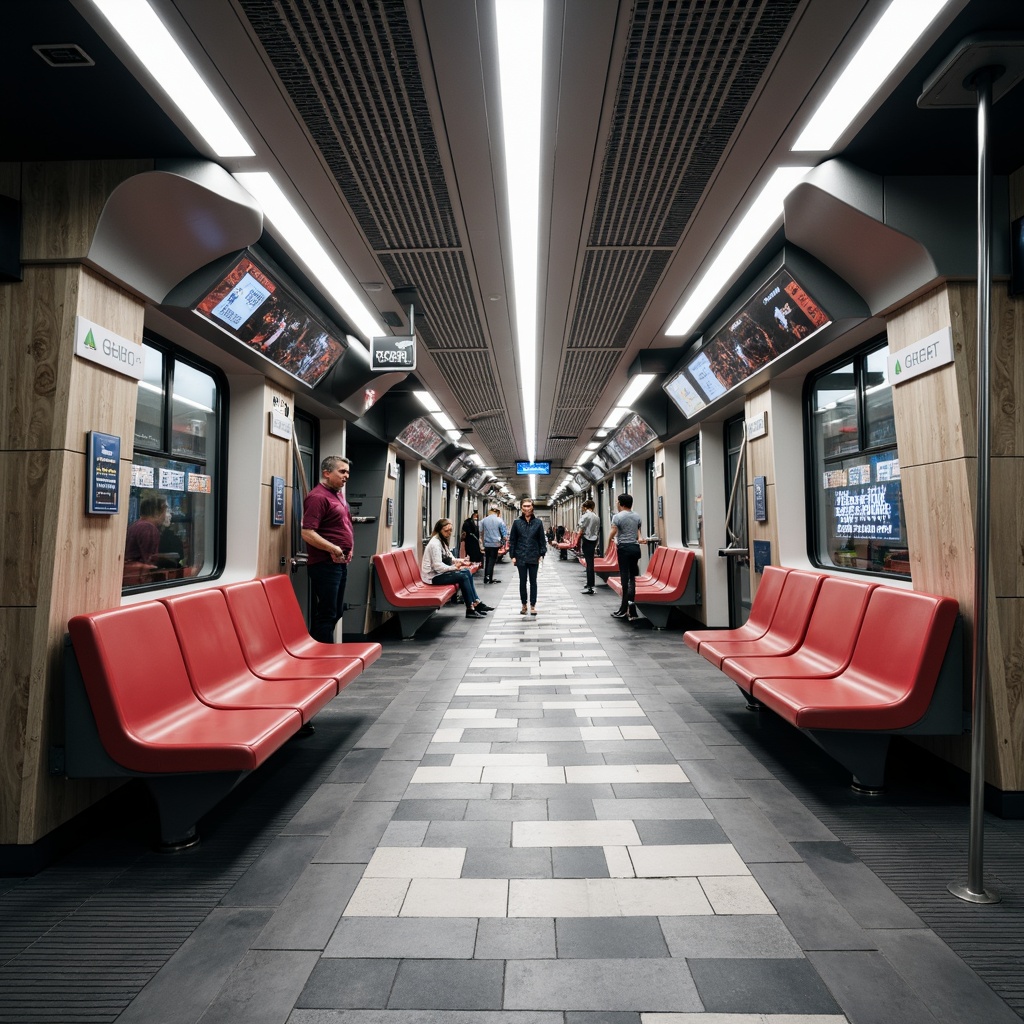 Prompt: Streamlined train station interior, modern minimalist aesthetic, sleek metal benches, futuristic LED lighting, geometric patterned flooring, silver accents, curved glass partitions, industrial-chic decor, urban vibe, busy atmosphere, natural stone walls, wooden accents, vibrant red seats, dynamic shapes, high-contrast color scheme, 3/4 composition, shallow depth of field, realistic textures, ambient occlusion.