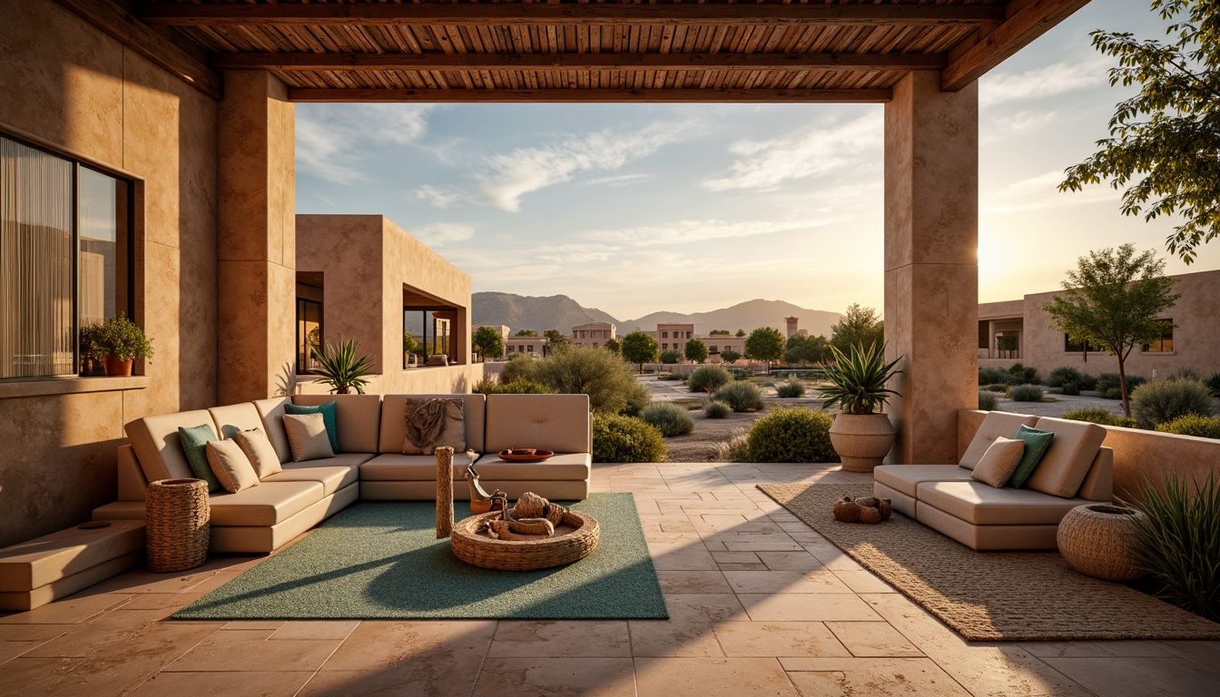 Prompt: Earth-toned adobe walls, rustic stucco finish, warm beige colors, natural stone accents, vibrant turquoise hues, geometric patterned tiles, woven textiles, distressed wood details, desert landscape views, clear blue skies, dramatic sunset lighting, shallow depth of field, 3/4 composition, realistic textures, ambient occlusion.