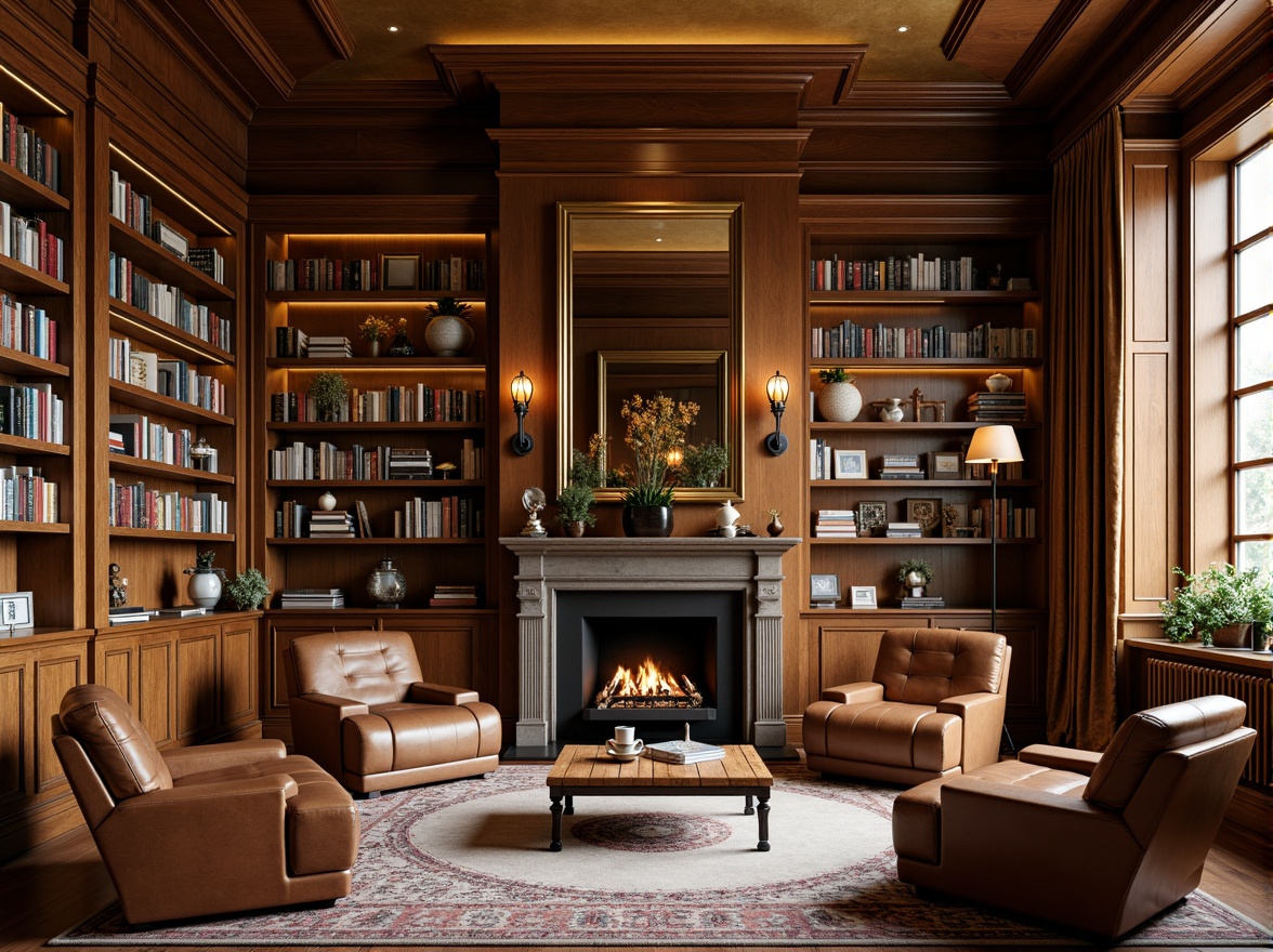 Prompt: Elegant library, rich wood tones, comfortable seating areas, floor-to-ceiling bookshelves, classic novels, warm golden lighting, plush area rugs, sophisticated color palette, neutral wall tones, statement furniture pieces, tufted leather armchairs, wooden coffee tables, ornate metal lamps, subtle patterns, natural fabrics, inviting atmosphere, shallow depth of field, 1/1 composition, realistic textures, ambient occlusion.