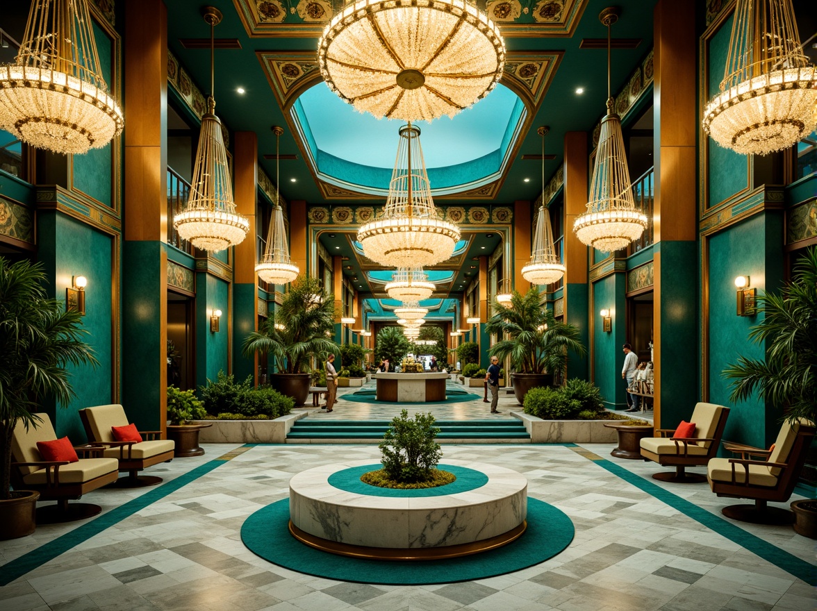 Prompt: Luxurious Art Deco palace, ornate metalwork, opulent chandeliers, lavish jewel-tones, rich turquoise, emerald green, sapphire blue, warm golden hues, creamy whites, bold geometric patterns, metallic accents, sleek lines, glamorous vintage flair, sophisticated luxurious atmosphere, high-contrast lighting, dramatic shadows, 1/1 composition, symmetrical framing, vivid textures, ornate details, lavish ornamentation.