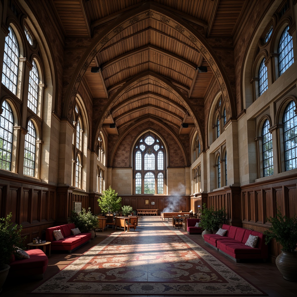 Prompt: Grandiose high school interior, vaulted archways, ribbed ceilings, stained glass windows, ornate wood carvings, intricate stone details, mystical ambiance, dramatic lighting, rich textiles, tufted upholstery, regal colors, majestic atmosphere, 3/4 composition, symmetrical framing, warm soft focus, cinematic mood, realistic textures, subtle ambient occlusion.