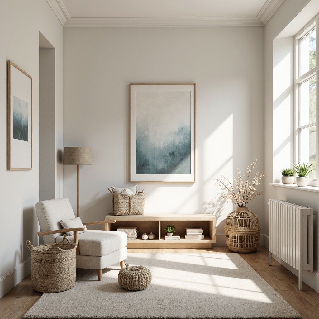 Prompt: Minimalist Scandinavian interior, light-filled spaces, neutral color palette, creamy whites, soft grays, warm beiges, natural wood tones, pale blues, mossy greens, subtle textures, linen fabrics, woven baskets, wooden furniture, minimal ornaments, cozy atmosphere, softbox lighting, shallow depth of field, 1/1 composition, realistic renderings, ambient occlusion.