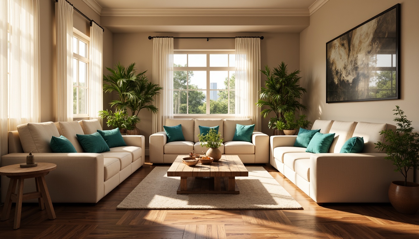 Prompt: Cozy living room, warm beige walls, rich walnut wood floors, plush cream-colored sofas, vibrant turquoise accent pillows, natural light pouring in through large windows, soft sheer curtains, elegant crown molding, earthy terracotta vases, lush green potted plants, inviting atmosphere, warm golden lighting, shallow depth of field, 3/4 composition, realistic textures, ambient occlusion.