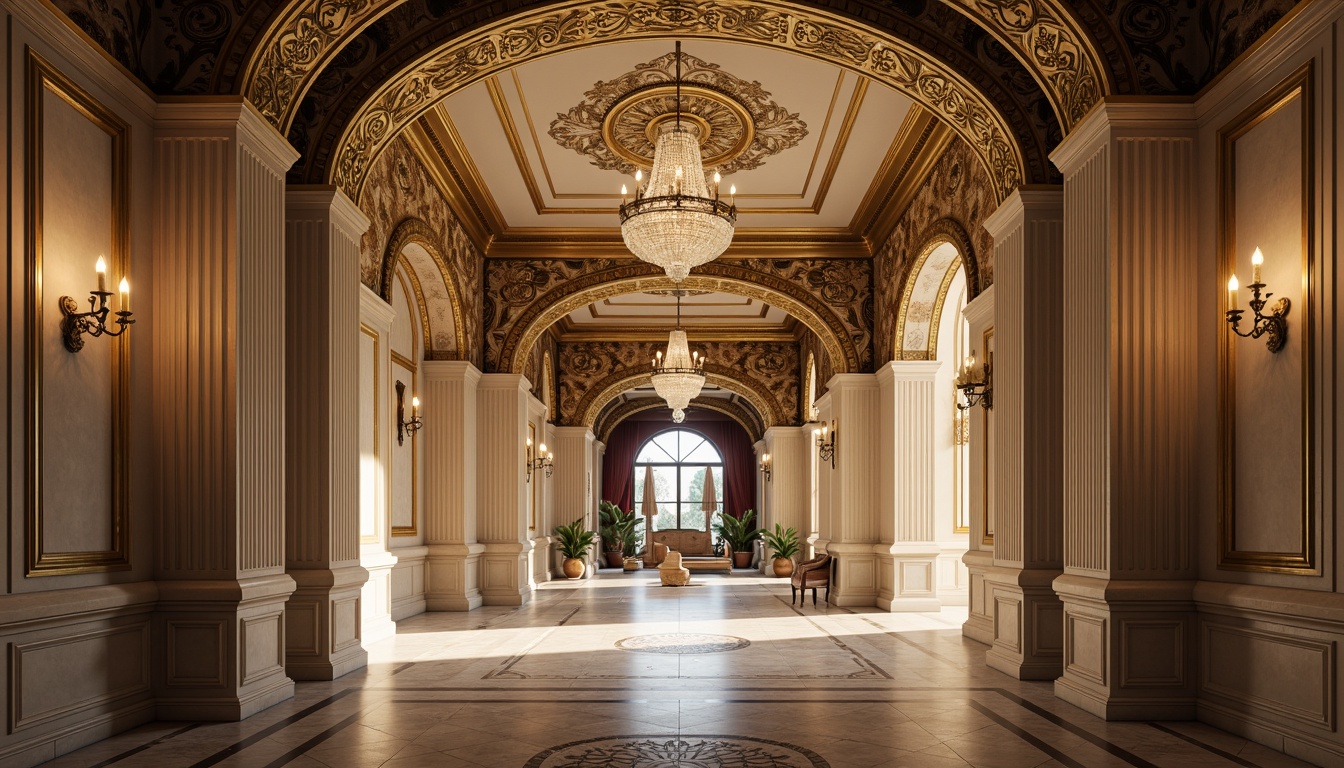 Prompt: Ornate classicism-style apartments, intricately molded ceilings, decorative cornices, ornamental archways, grand entrance halls, crystal chandeliers, marble floors, richly textured walls, subtle color palette, warm golden lighting, 3/4 composition, symmetrical arrangement, realistic rendering, ambient occlusion.