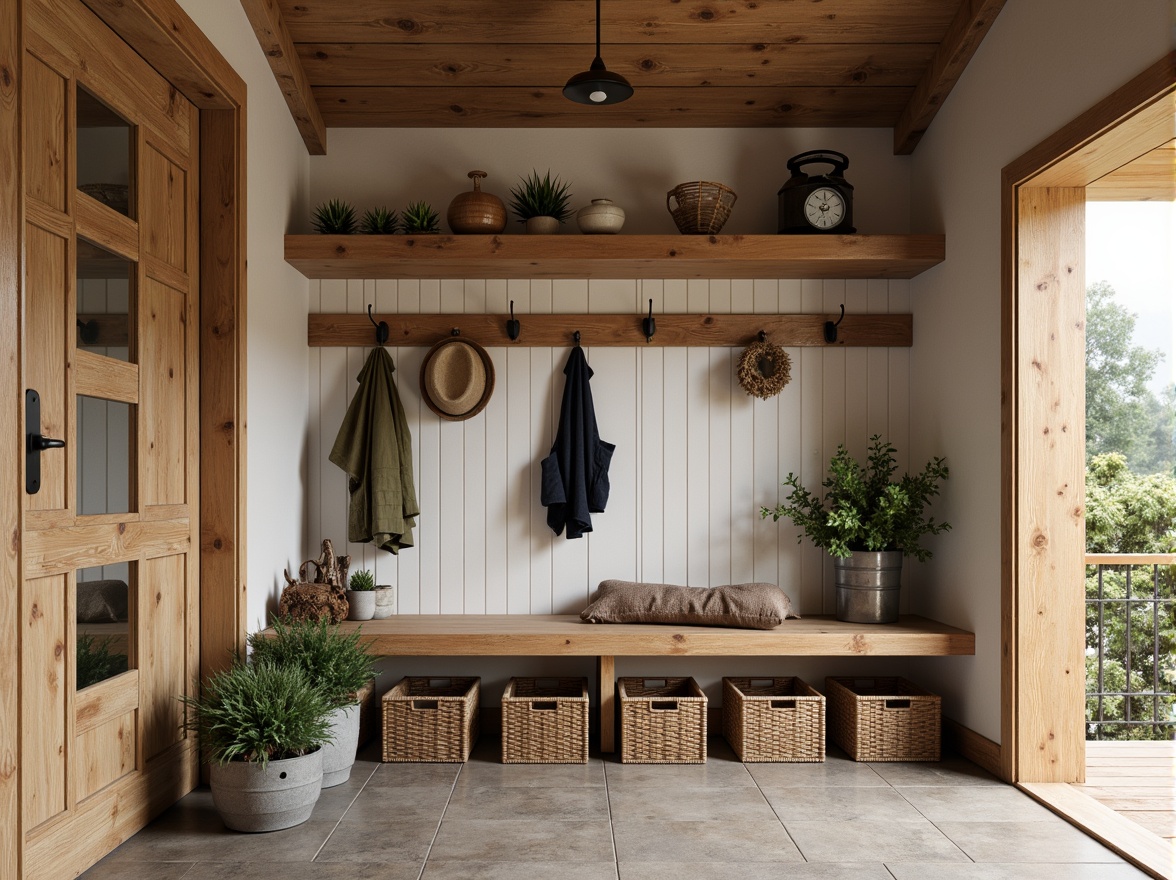 Prompt: Rustic farmhouse mudroom, natural wood accents, earthy color palette, functional storage solutions, woven baskets, galvanized metal buckets, distressed wooden crates, vintage-inspired metal hooks, reclaimed wood shelving, rustic metal lanterns, warm soft lighting, shallow depth of field, 3/4 composition, realistic textures, ambient occlusion.