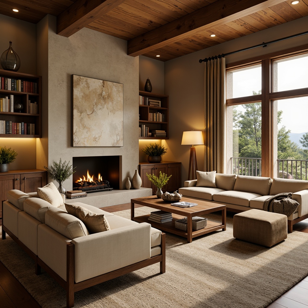 Prompt: Cozy living room, warm beige walls, rich walnut wood furniture, plush velvet sofas, soft golden lighting, comfortable atmosphere, natural stone fireplace, earthy tone accents, calming color scheme, serene ambiance, elegant modern decor, subtle texture contrasts, inviting open space, harmonious balance of colors, relaxing retreat.