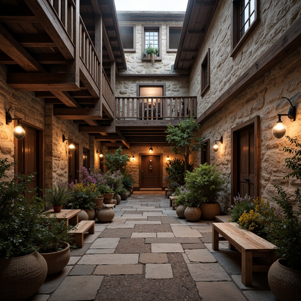 Prompt: Rustic monastery courtyard, reclaimed wood accents, weathered stone walls, industrial metal beams, distressed brick fa\u00e7ade, vintage windows, earthy color palette, natural textiles, woven baskets, wooden benches, candlelit ambiance, soft warm lighting, atmospheric fog effect, 1/1 composition, shallow depth of field, realistic textures, ambient occlusion.