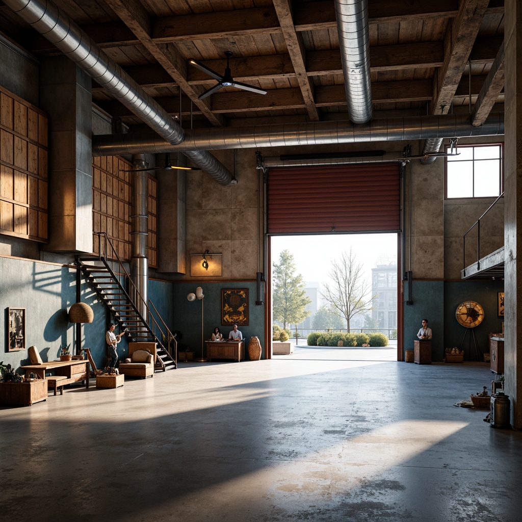 Prompt: Industrial garage interior, concrete flooring, metal beams, exposed ductwork, modern industrial lighting, warm neutral tones, earthy brown accents, deep blue undertones, rusty red highlights, distressed wood textures, worn metal finishes, urban loft atmosphere, high ceilings, overhead doors, natural light pouring in, soft shadowing, 3/4 composition, realistic materials, ambient occlusion.